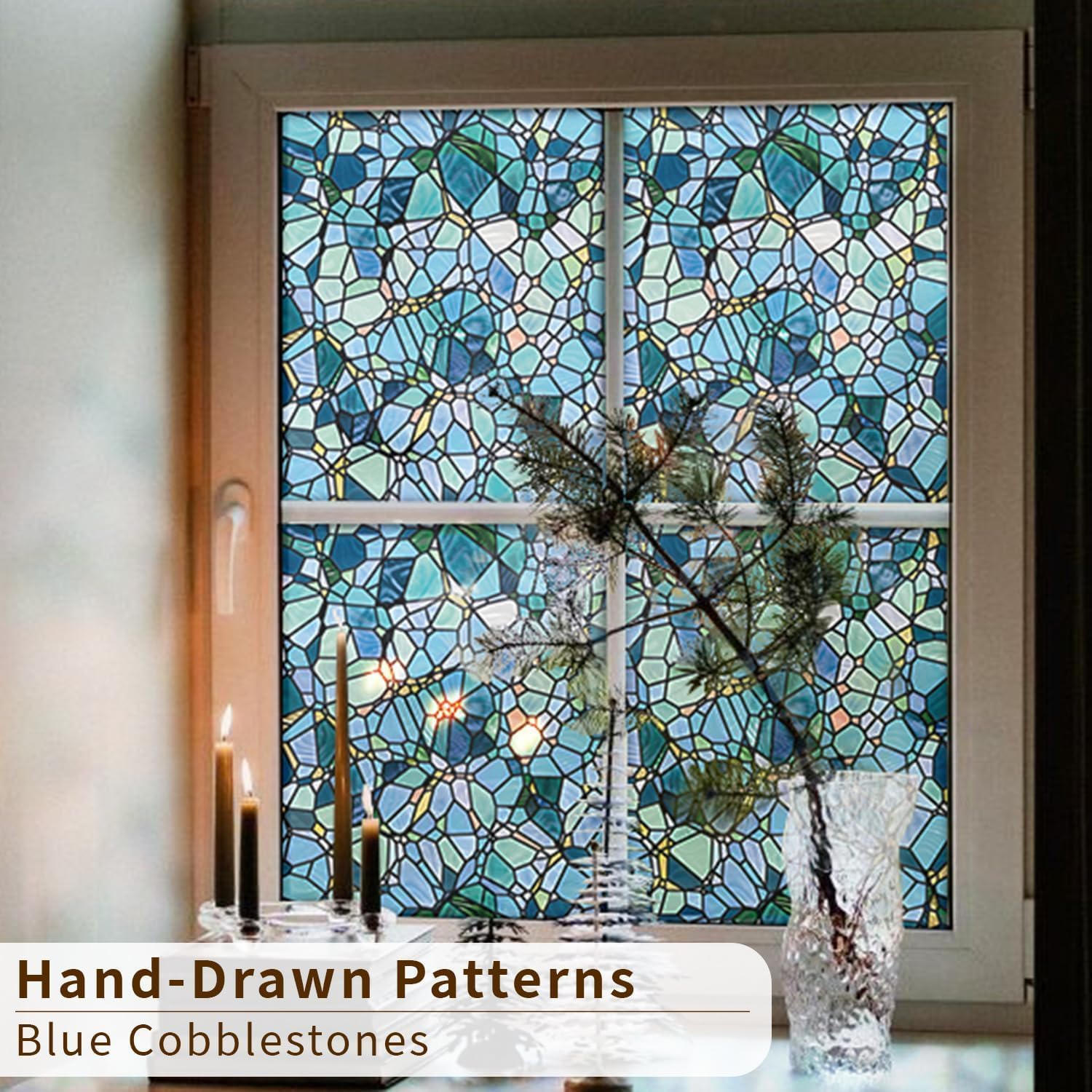 funlife Original Hand-Drawn Privacy Stained Glass Window Film, Reusable Single Sided Static Cling Glass Covers Suitable for Entryway, Decor for Bathroom Glass Window, 16.93"x118", Blue Cobblestones