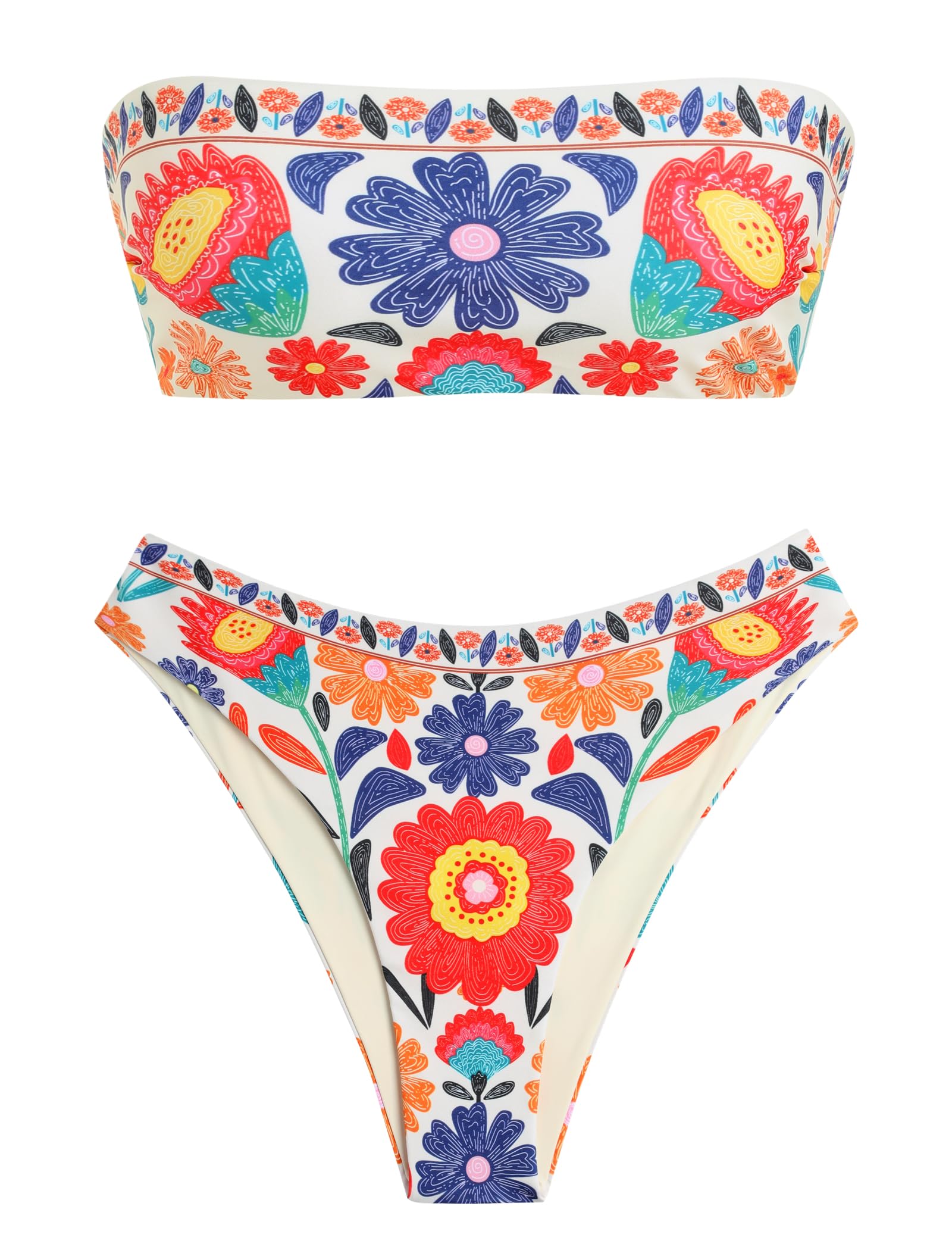 ZAFUL Women's High Cut Bandeau Bikini Set Strapless 2 Pieces Bathing Suit