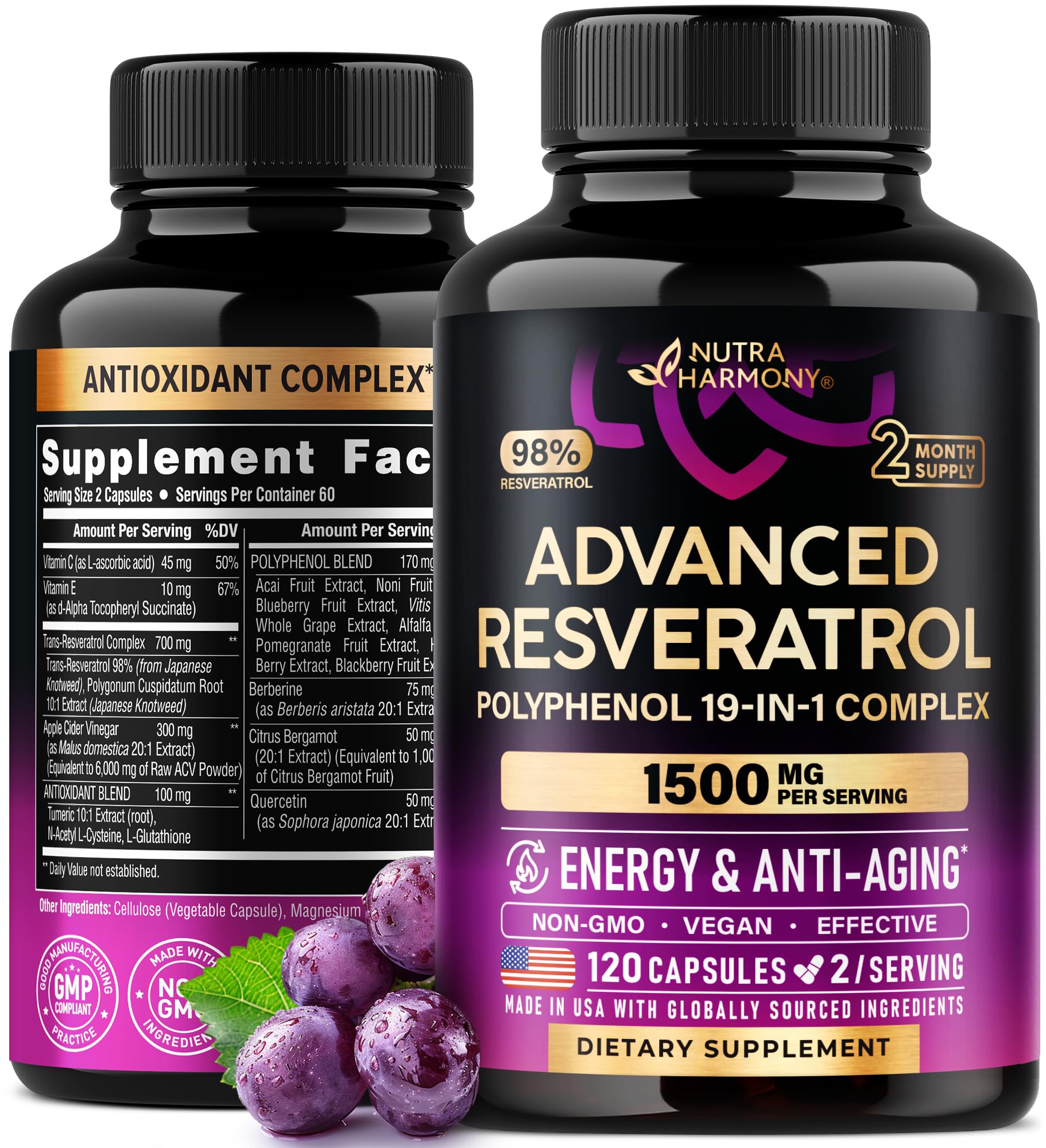 Resveratrol Supplement - 19-in-1 Organic Polyphenol Complex - Noni Extract | Berberine | Quercetin | Apple Cider Vinegar | Acai - Made in USA - Antioxidant & Heart Health Support - 120 Capsules
