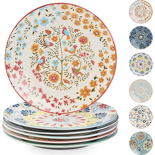 getstar 10.5” Ceramic Dinner Plates with Underglaze Assorted Patterns, Set of 6, Microwave & Dishwasher Safe, Colorful Porcelain Salad Pasta Dinner Plates Set of 6