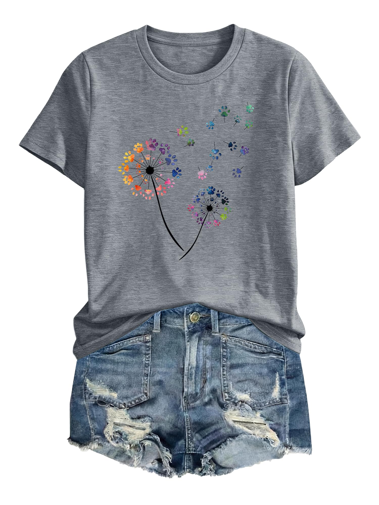 Anbech Women Dandelion Print T Shirts Summer Short Sleeve Graphic Tees | Cute Dandelion Paw Print Tshirt Casual Crewneck Loose Fit Flower T-shirts Teen Girls Colorful Comfy and Soft Daily Wear