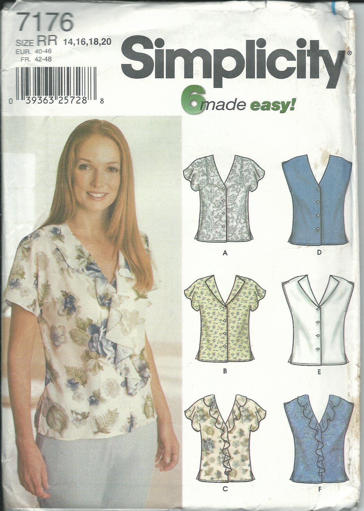 Simplicity 7176RR Sewing Pattern Misses 6 Easy Blouses Size 14-20