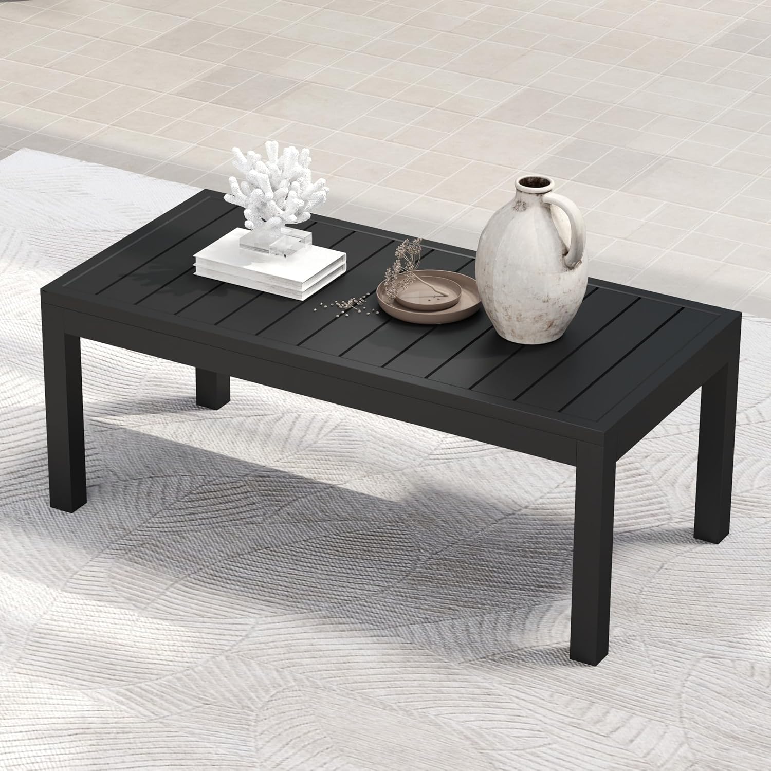 Solaste Aluminum Outdoor Coffee Table, Water-Resistant Metal Patio Side Table with Slatted Top, Modern Rectangular Outdoor Coffee Tables for Deck Garden Poolside, Black