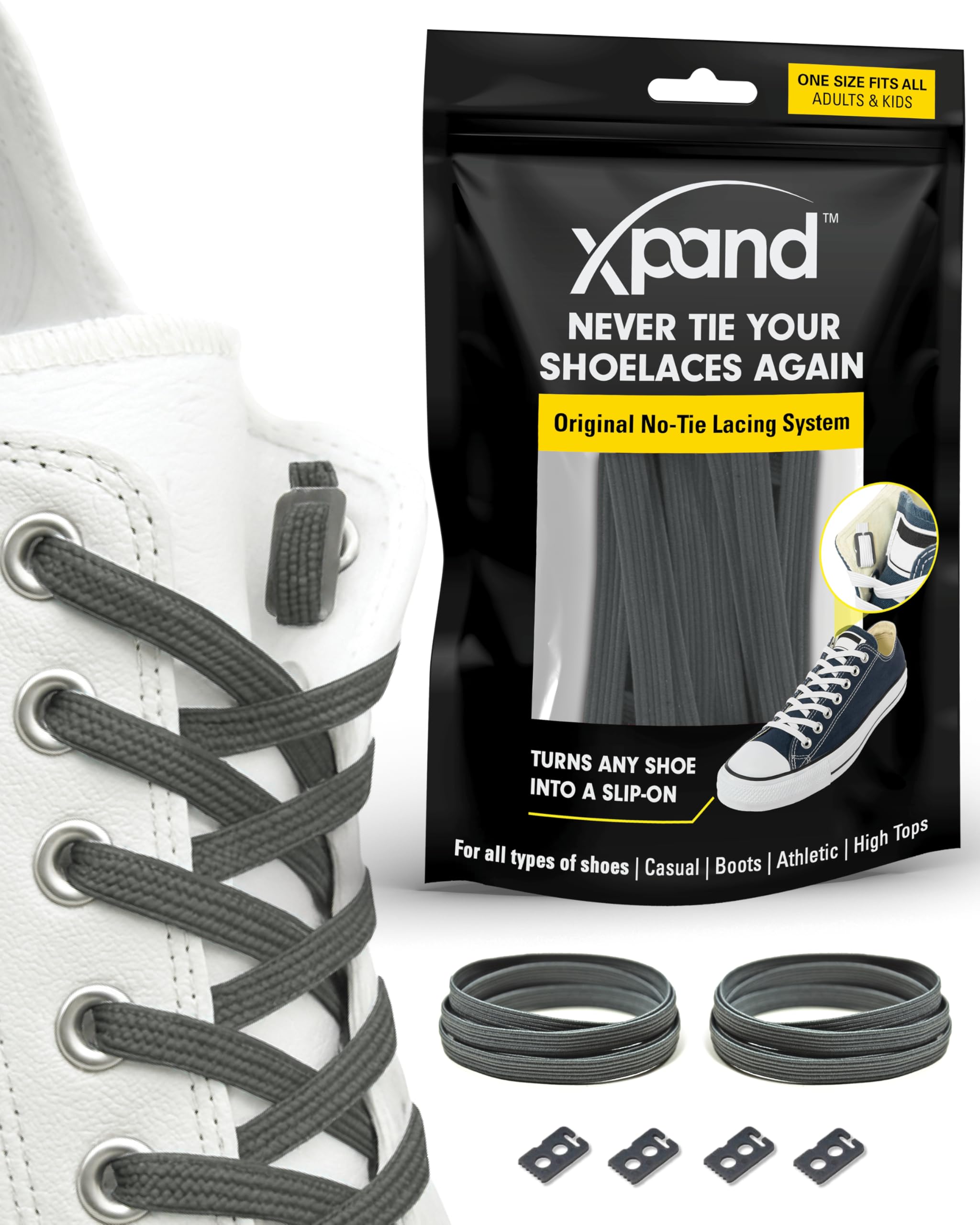 Xpand No Tie Elastic Shoelaces. 1 Size Fits All for Adults & Kids | Stretch Laces for Sneakers, Runners & High Tops Shoes