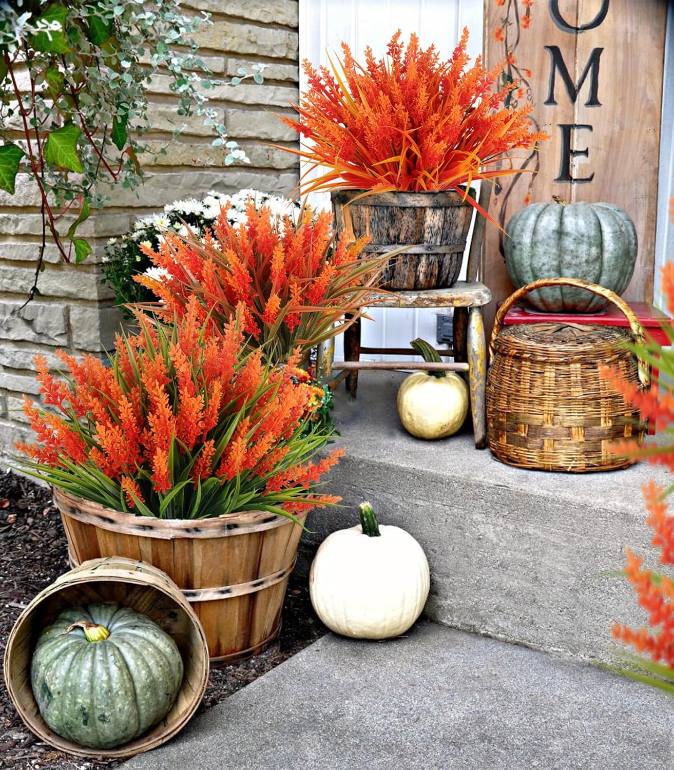Spring Fake Fall Flowers Outside,Artificial Plants Outdoor, UV Resistant Faux Monkey Grass Greenery Stems Faux Plastic Flowers Shrubs for Home Weddings Garden Porch Front Patio Office Decor(Orange)