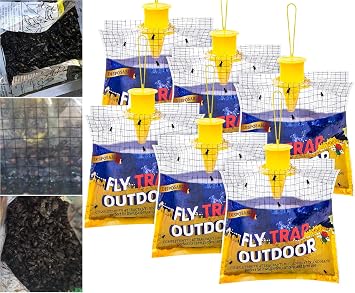 Disposable Fly Traps 6 Pack Bags Outdoor, Flies Catcher Traps with Natural Pre-Bait Refill Repellent, Reusable Stable Horse Ranch Trapper Outdoor Hanging Fly Killer Helps Control Flies
