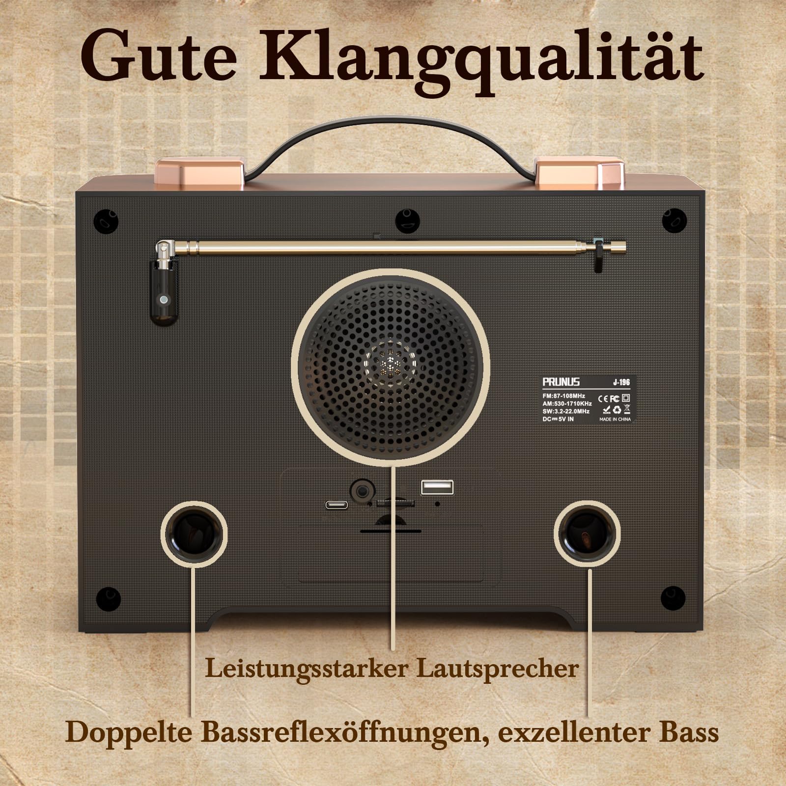 PRUNUS J-196 AM/FM/SW Retro Radio mit Bluetooth | Nostalgie Radio mit Akku 1800mAh | Transistorradio Küchenradio für Zuhause | Flammen-LED | USB/TF Slot | großem 8W-Lautsprecher | Vintage-Dekoration
