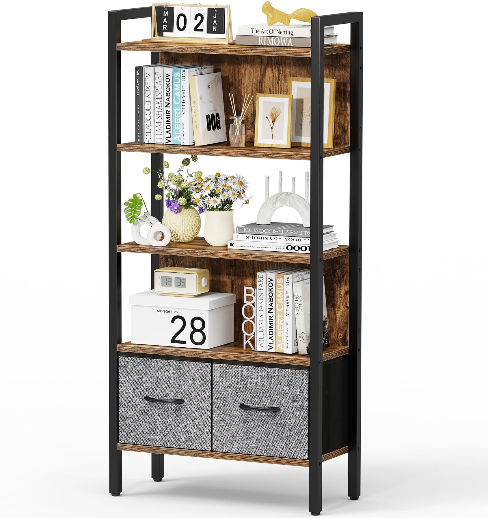 5 Tier Bookshelf with 2 Drawers, Tall Narrow Bookcase, Industrial Book case,Rustic Brown Storage Rack with Open Shelves Metal Book Shelf Organizer for Bedroom, Living Room, Home Office