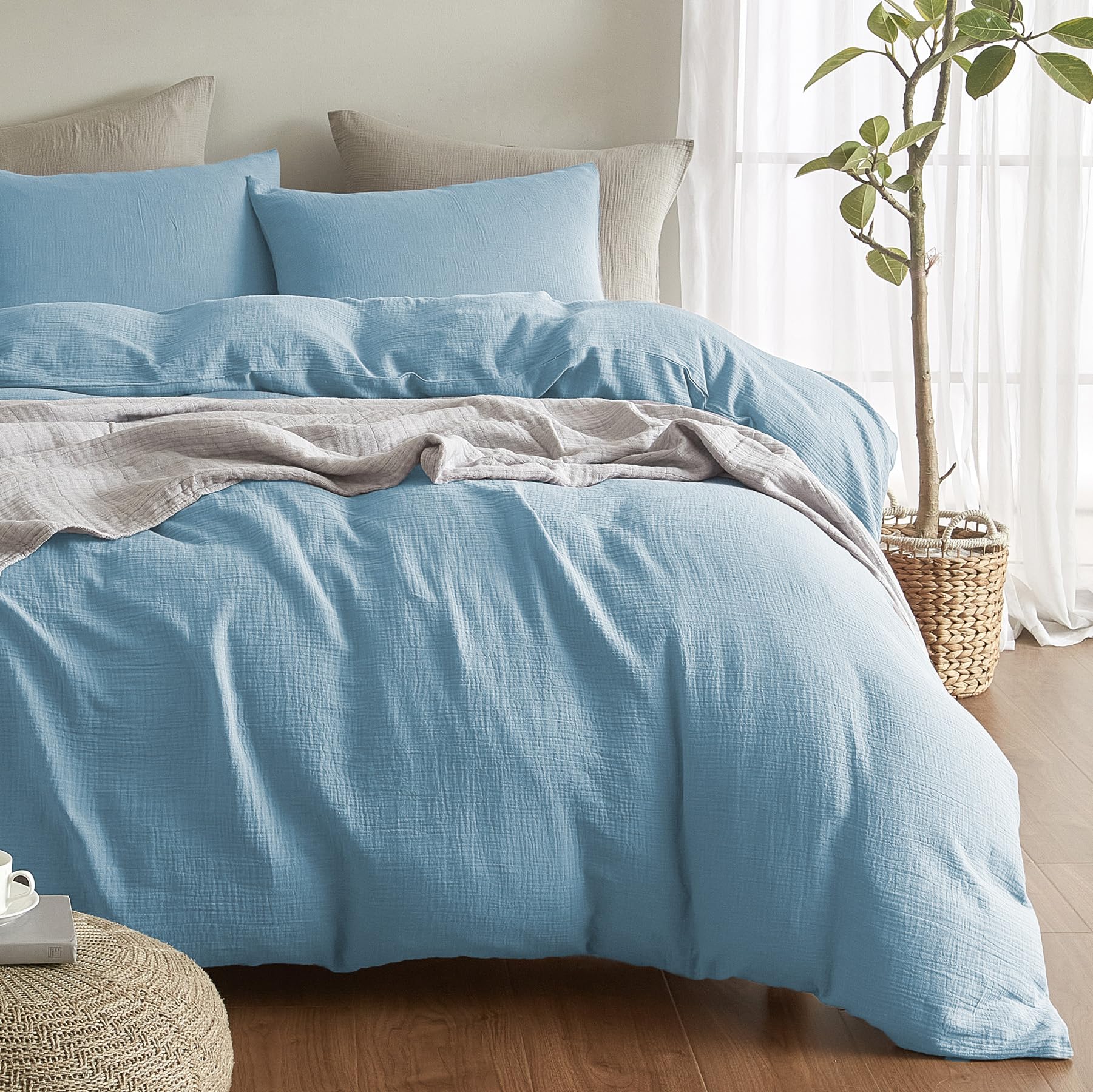 YASMENG Dubbel Muslin beddengoed, 200 x 220 cm, donkergroen, beddengoed, 100% katoen, zacht, ademend, behaaglijk, 3-delig, met ritssluiting en 2 kussenslopen van 80 x 80 cm