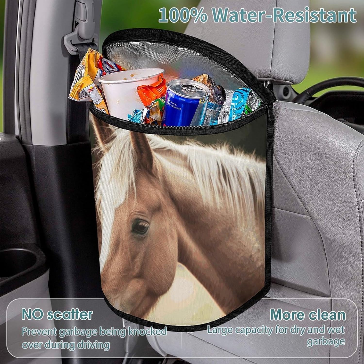 MUSM Leakproof Car Trash Can 2.5 Gallon, Durable Automotive Garbage Bag with Waterproof Liner, Adorable Horse Trash Bag for Car, Truck, RV & Bathroom