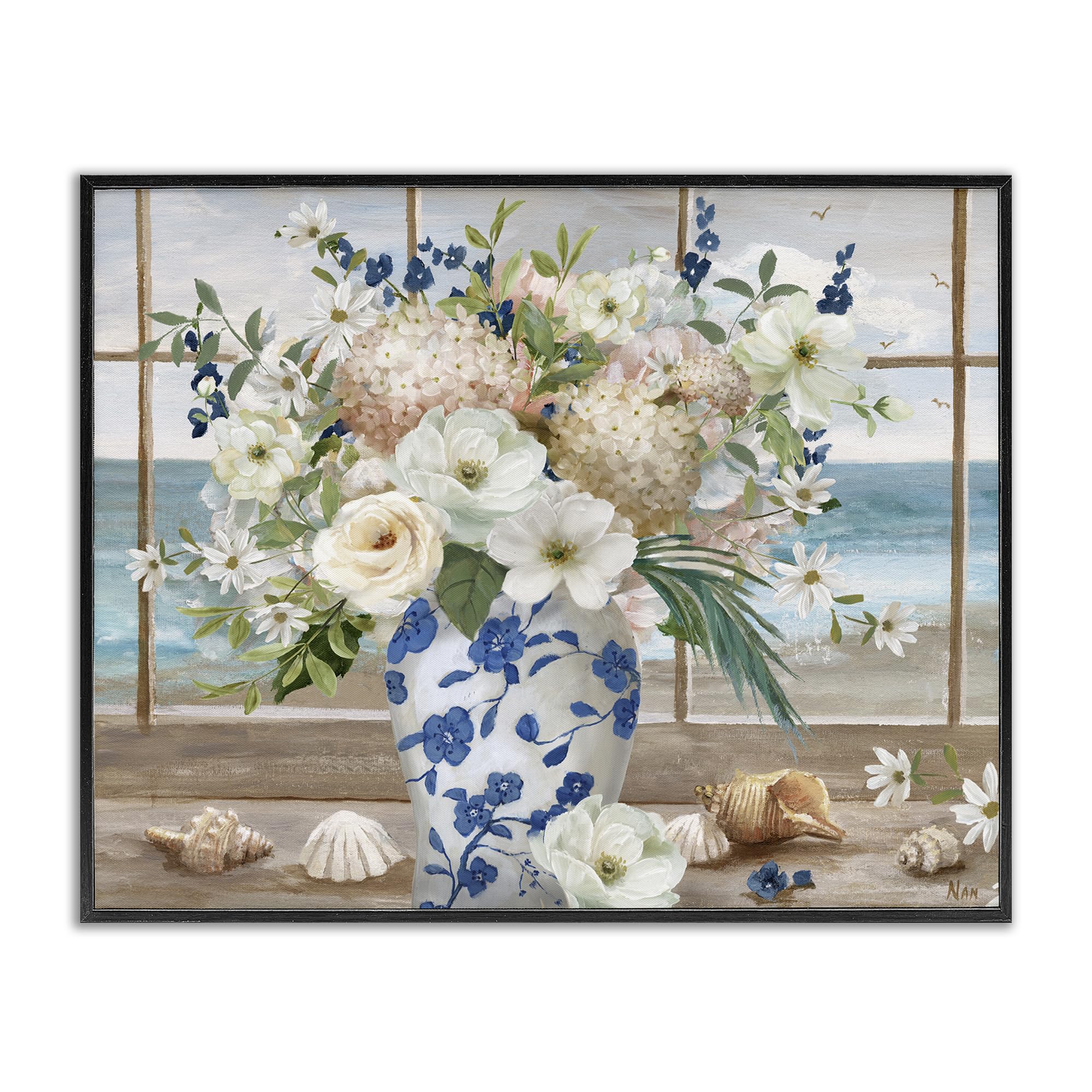 Stupell Industries Midnight Black (Textured) Seashells Flowers Windowsill, 24 X 30 Inch Framed Giclée Print