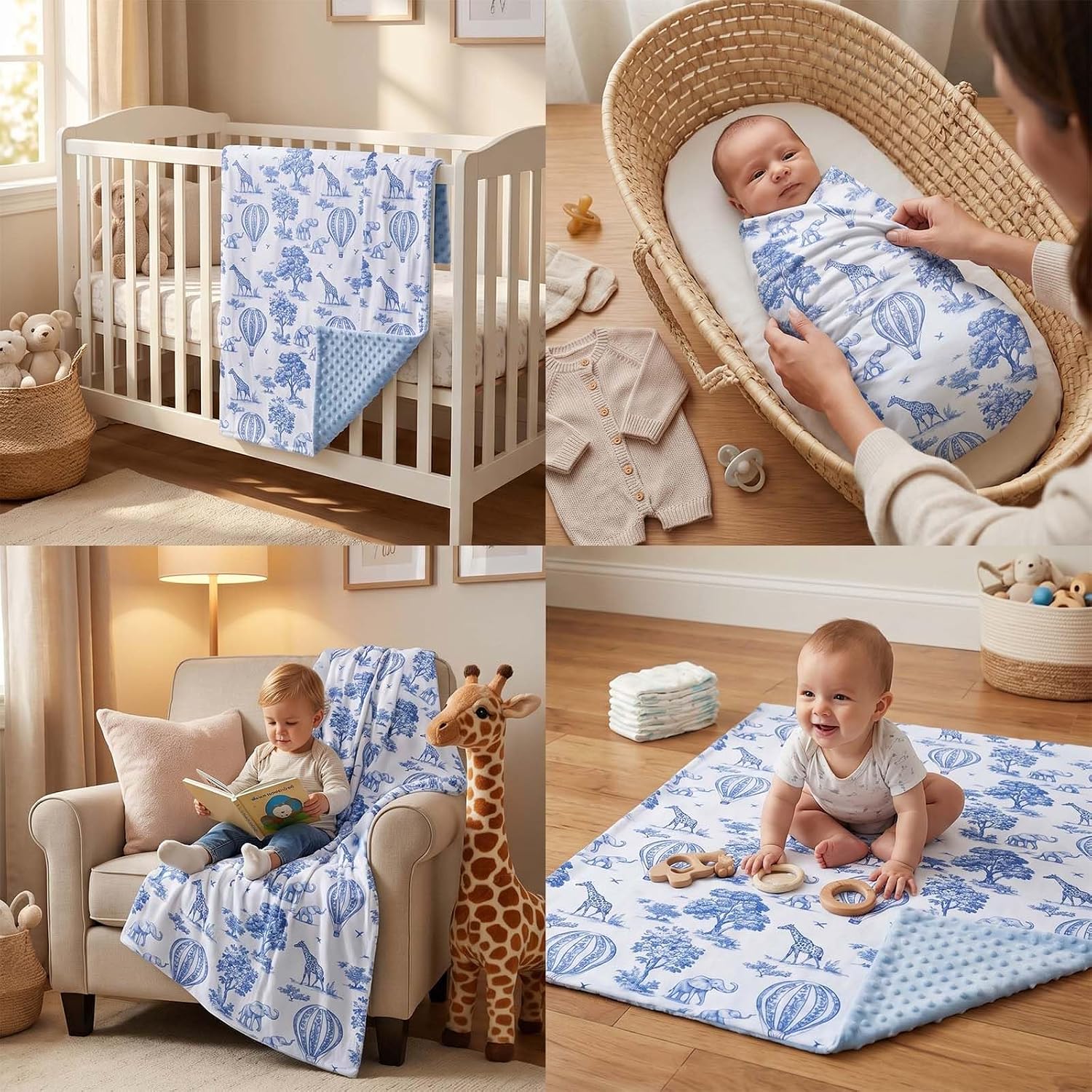 Blue Toile de Jouy Baby Blanket for Boys & Girls, 30x40 Inch Safari Animals Toddler Soft Minky Blanket with Double Layer Dotted Backing, Nursery Bedding Swaddle for Newborns Receiving Blanket
