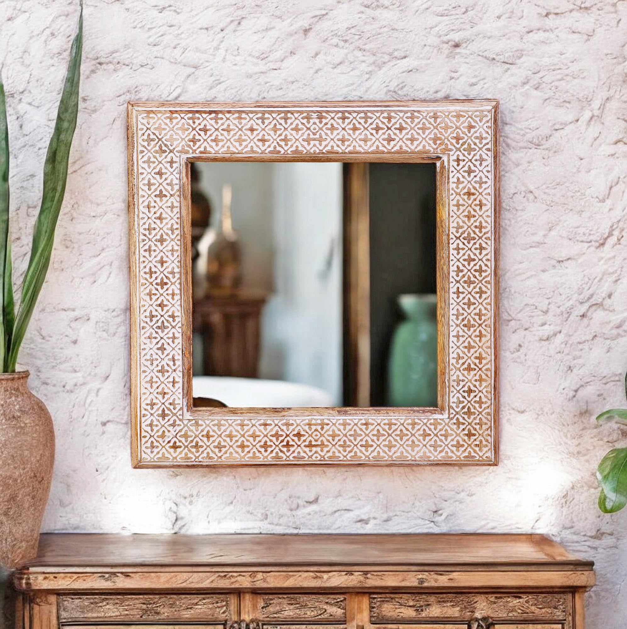 THE URBAN STORE Square Wall Mirror Wooden Distressed White Color 15"x15" Pack of One French Style Elegantly Hand Crafted Floral Carving Mirror for Home and Office Decor TUSMR82