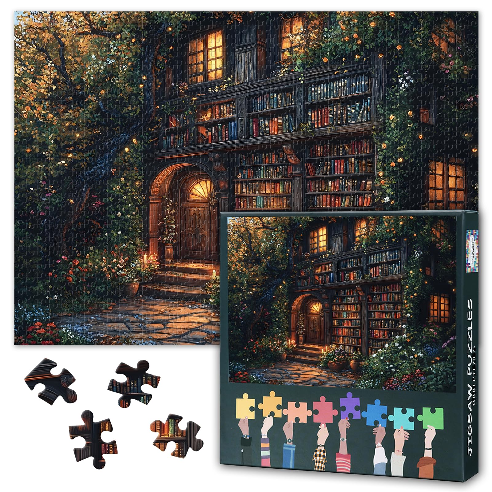 Vintage Bookstore Puzzles for Adults 1000 Pieces, Library Challenging Puzzle Adults 1000 Pieces, 70 x 50 cm Puzzle Game for Women Home Decoration (Books & Flowers Series)