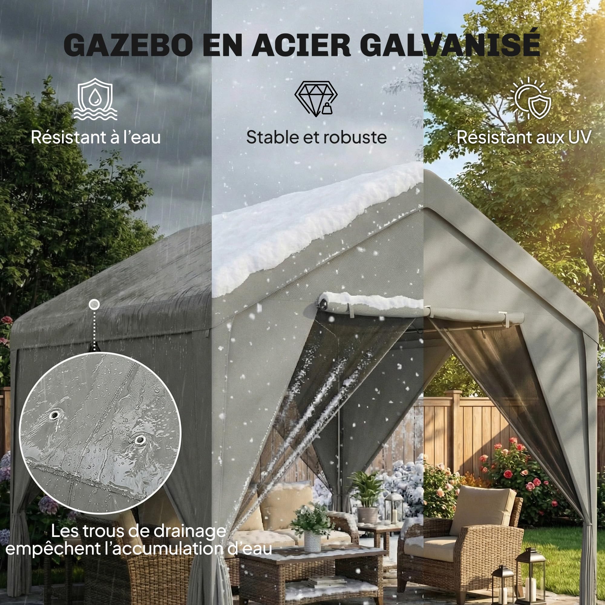 Outsunny Tonnelle de Jardin extérieur 3x3m Hydrofuge Acier Double Toit Gris