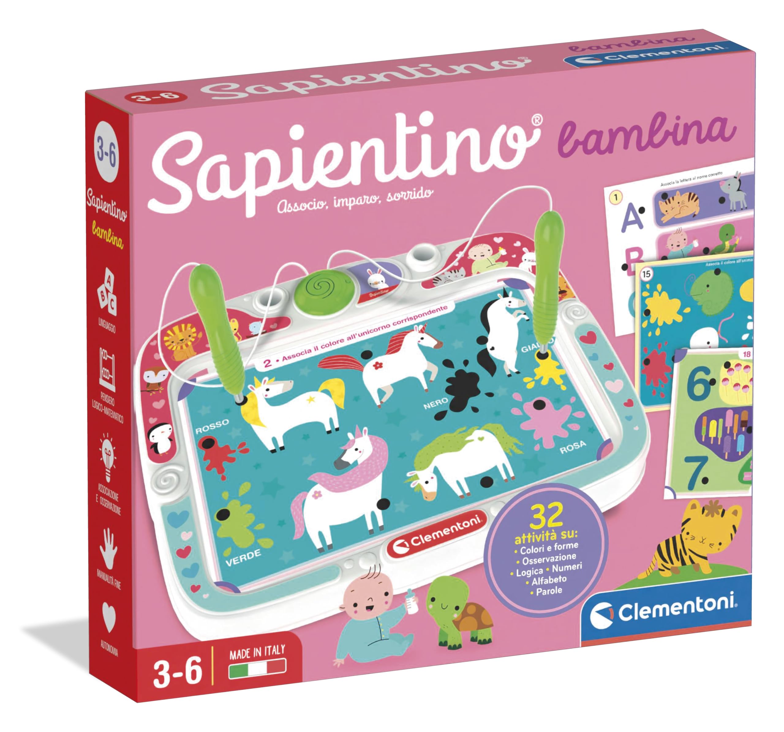 Clementoni Sapientino - Bambina, Gioco Educativo con Penne Parlanti per Bambini 3-6 Anni, con 16 Schede e più di 32 attività su Temi della Scuola dell'Infanzia, Made in Italy, Lingua Italiana, 16473