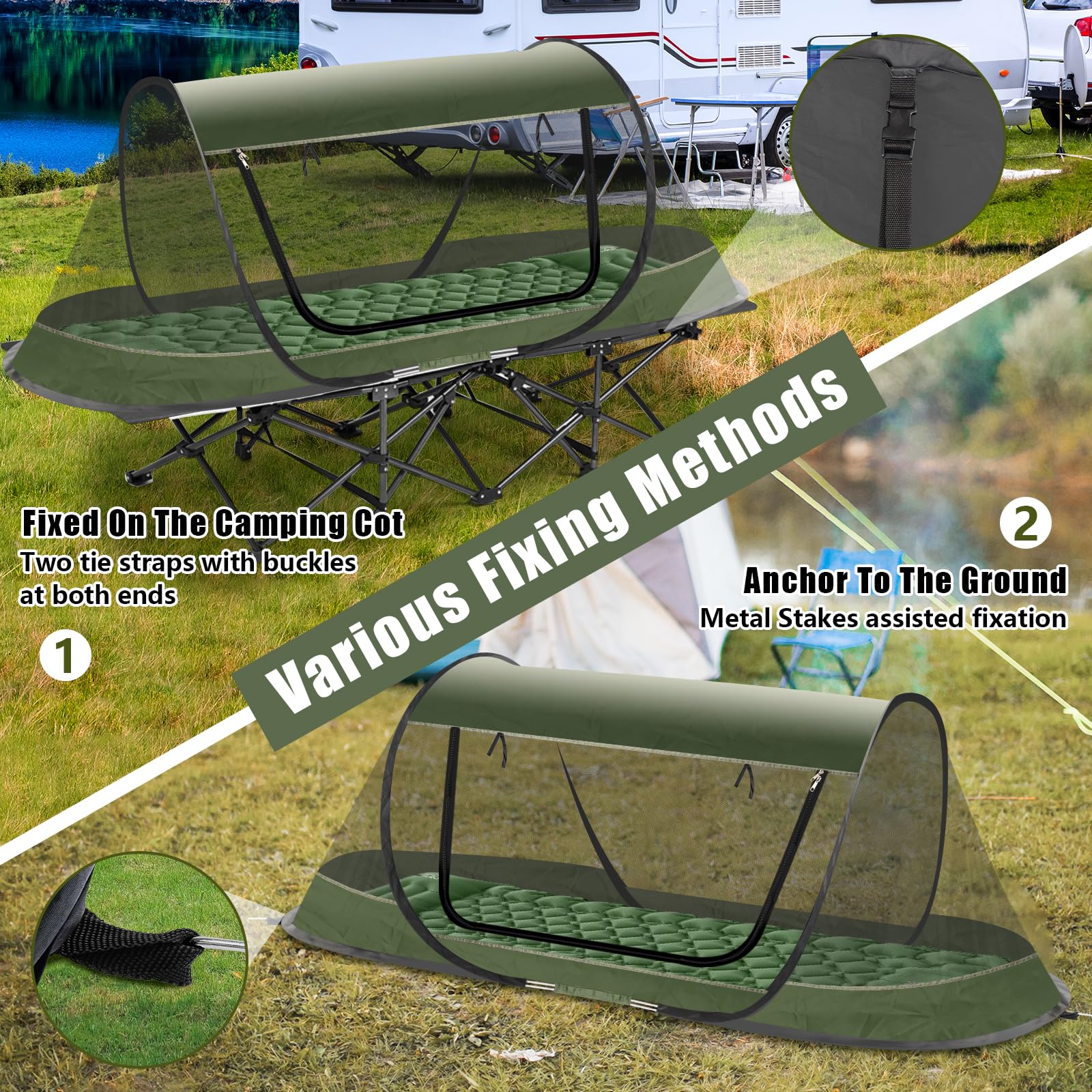 Tienda de campaña para mosquiteros desplegable para camping, tienda de campaña para 1 persona, red de pantalla de configuración automática 3s para adultos y niños, se adapta a catre de campamento 4