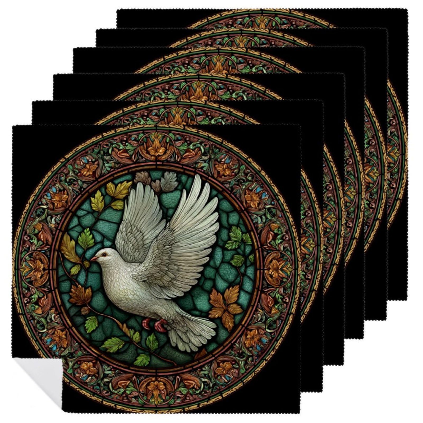 Stained Glass Style A White Dove Cloth Napkins Set of 6, Square Premium Reusable Washable Polyester Table Linen Napkin for Dinner Party