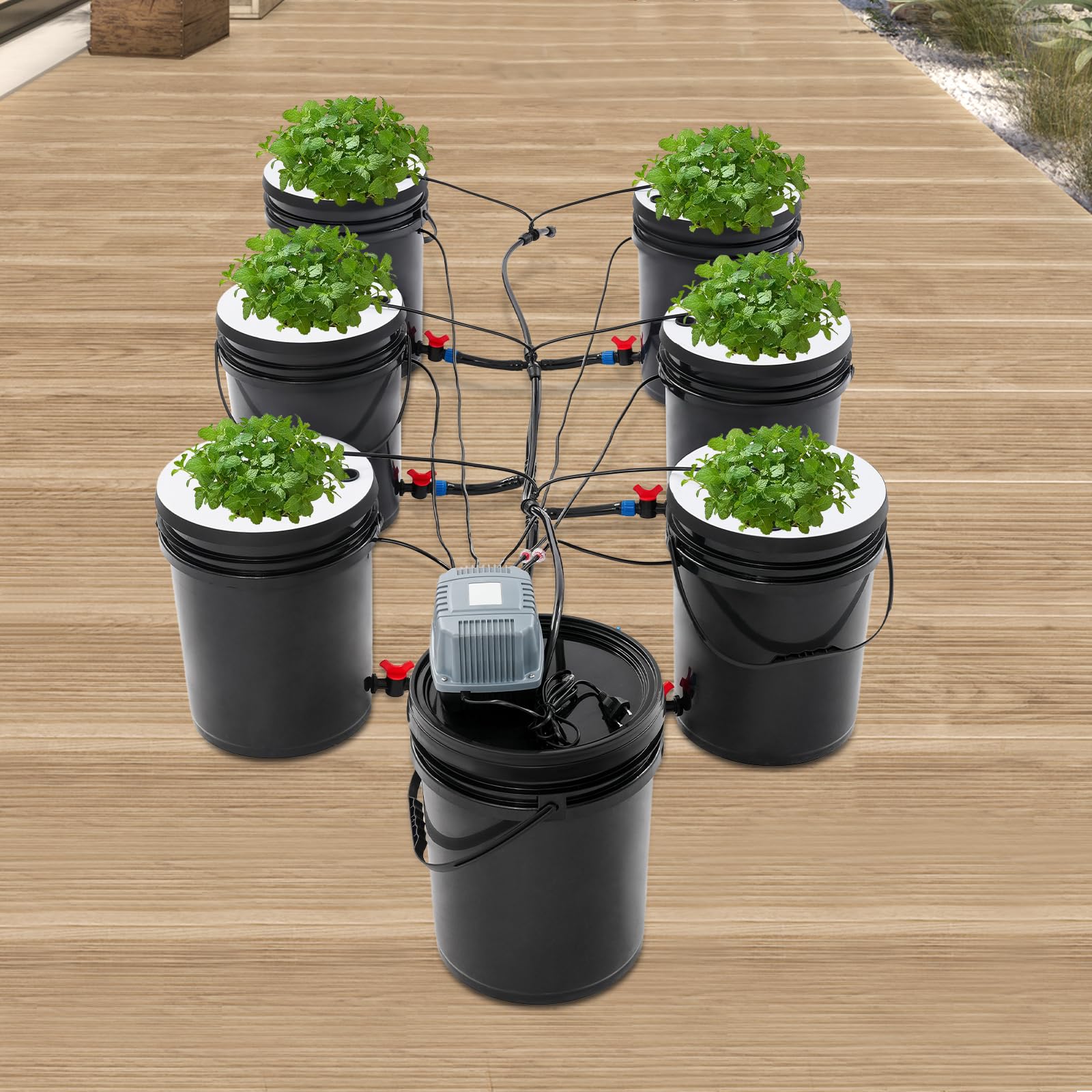 Sistema hidropónico, juego completo de 7 x 20 l, cultivo de aguas profundas DWC con bomba de aire, riego automático para interiores, balcón, invernadero, sistema de plantación sin tierra