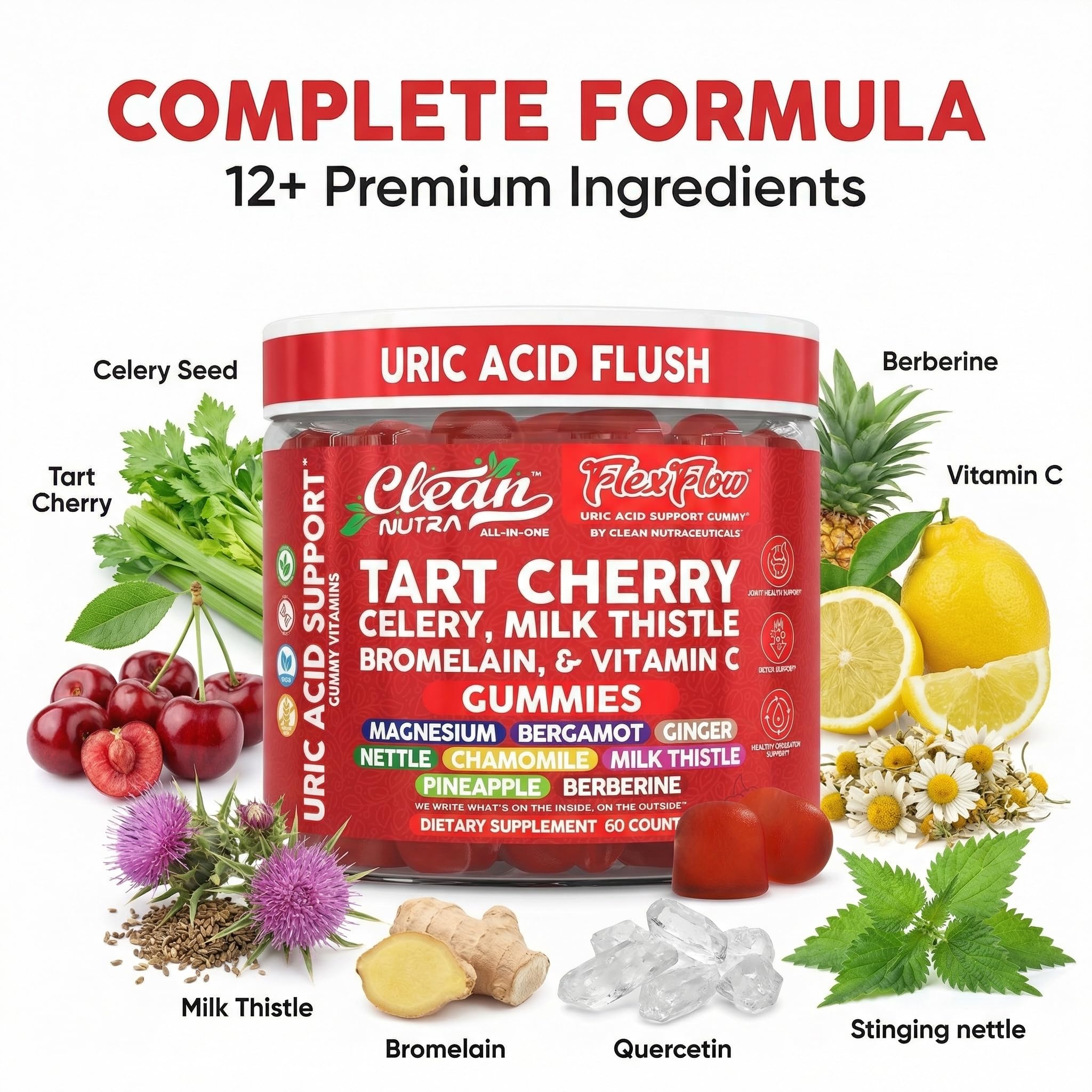 Clean Nutra Tart Cherry Gummies Uric Acid Flush Celery Milk Thistle Bromelain Vitamin C Magnesium Citrus Bergamot Ginger Stinging Nettle Leaf Chamomile Berberine Quercetin Support 60 Gummy Vitamins — Amazon image 4