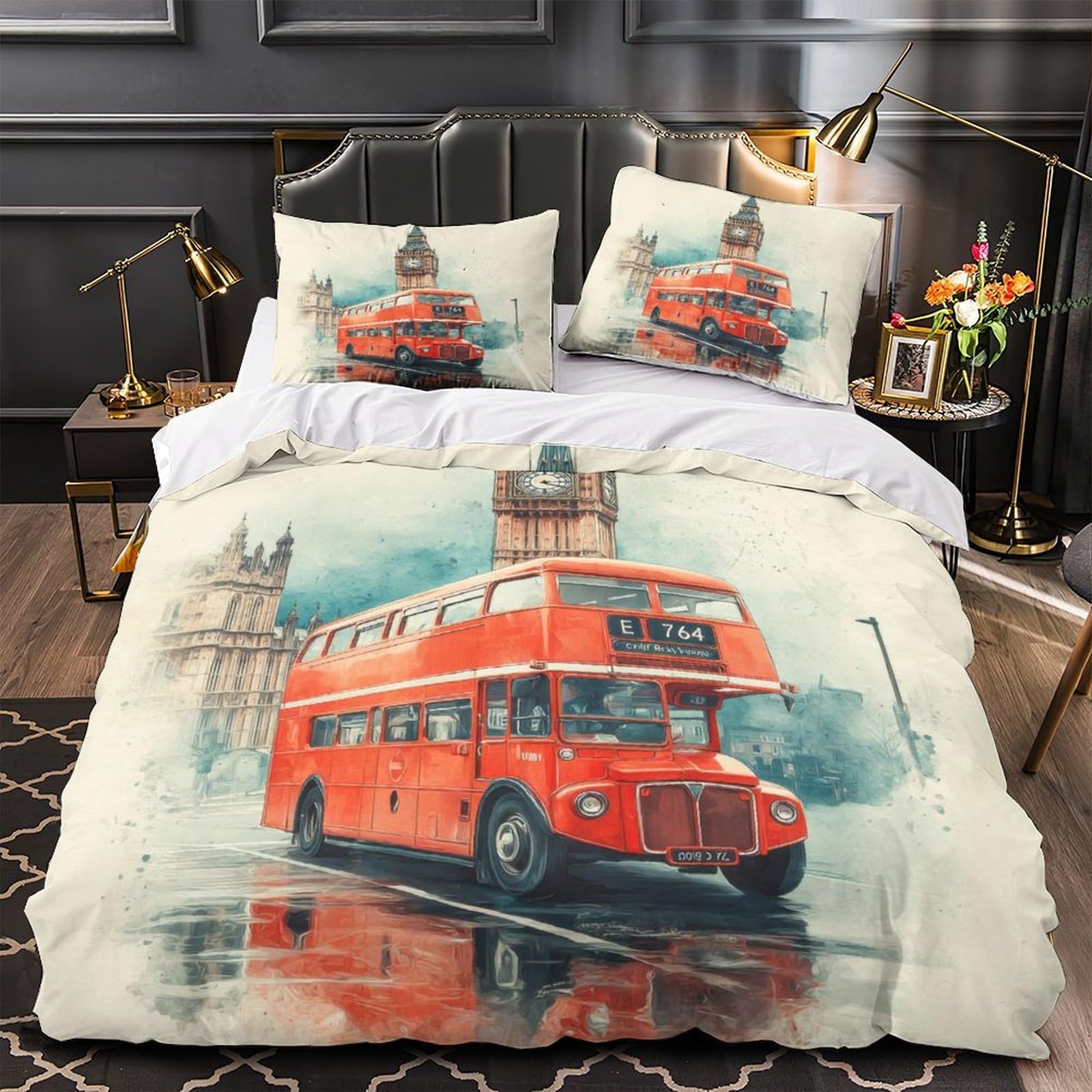 Housse de couette microfibre respirante 260x220cm motif bus londonien aquarelle