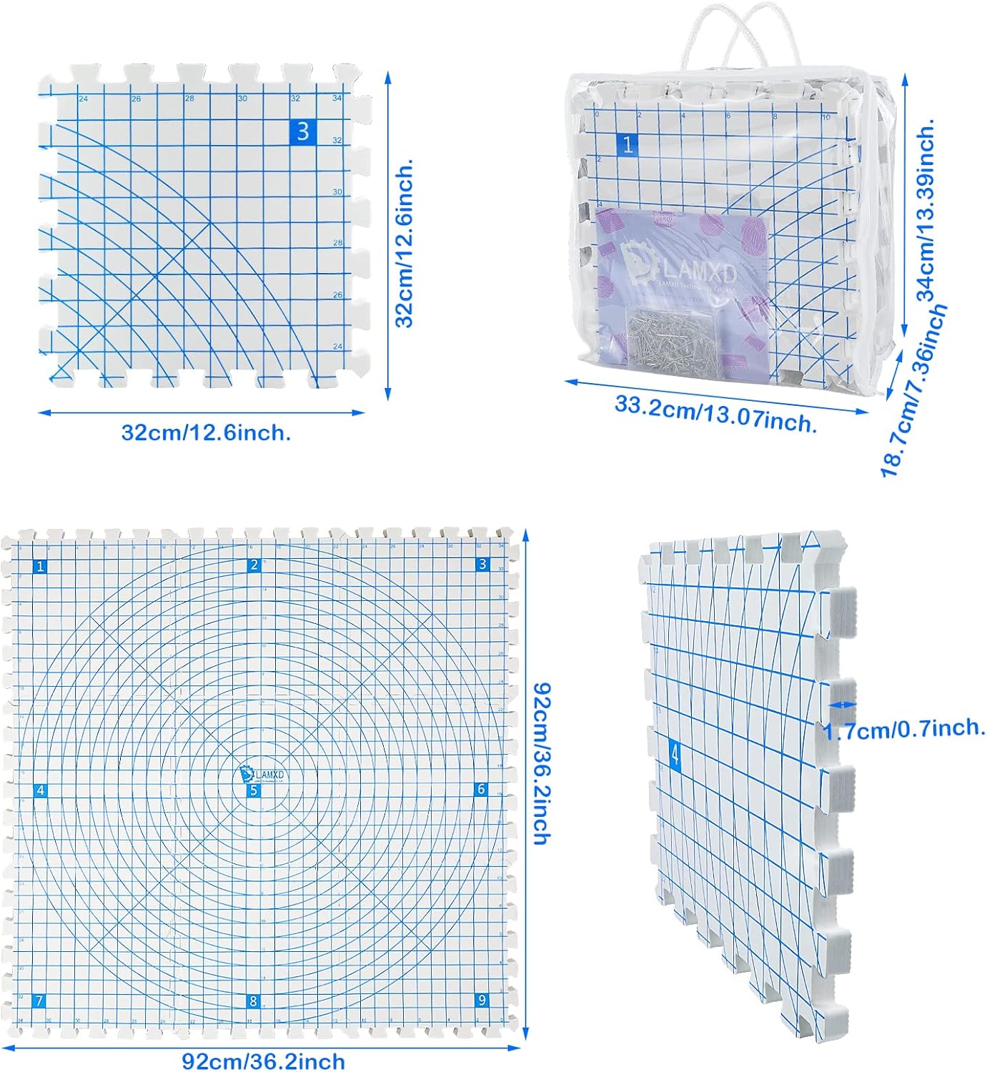 LAMXD Blocking Mats for Knitting - Extra Thick Blocking Boards with Grids with 200 T-pins for Needlework or Crochet - Pack of 9