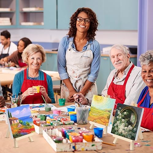 Miniatura 7 de Juego de 200 piezas de mini lienzo y caballete, 100 piezas de mini lienzo con 100 caballetes de madera, mini lienzo estirado para pintar, arte,