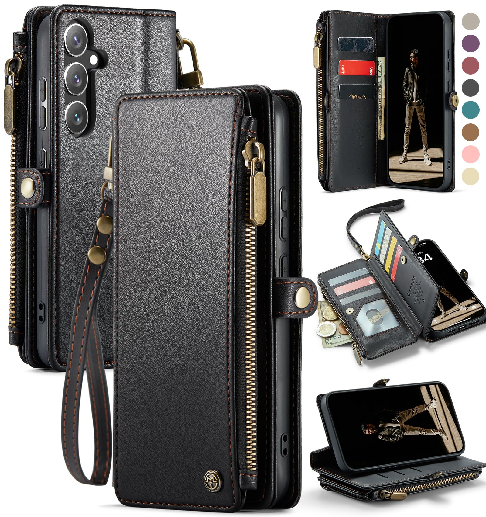 Defencase Compatible with Samsung Galaxy S24 Plus Case Wallet with RFID Blocking Card Holder for Women Men, PU Leather Magnetic Snap Flip Zipper Strap