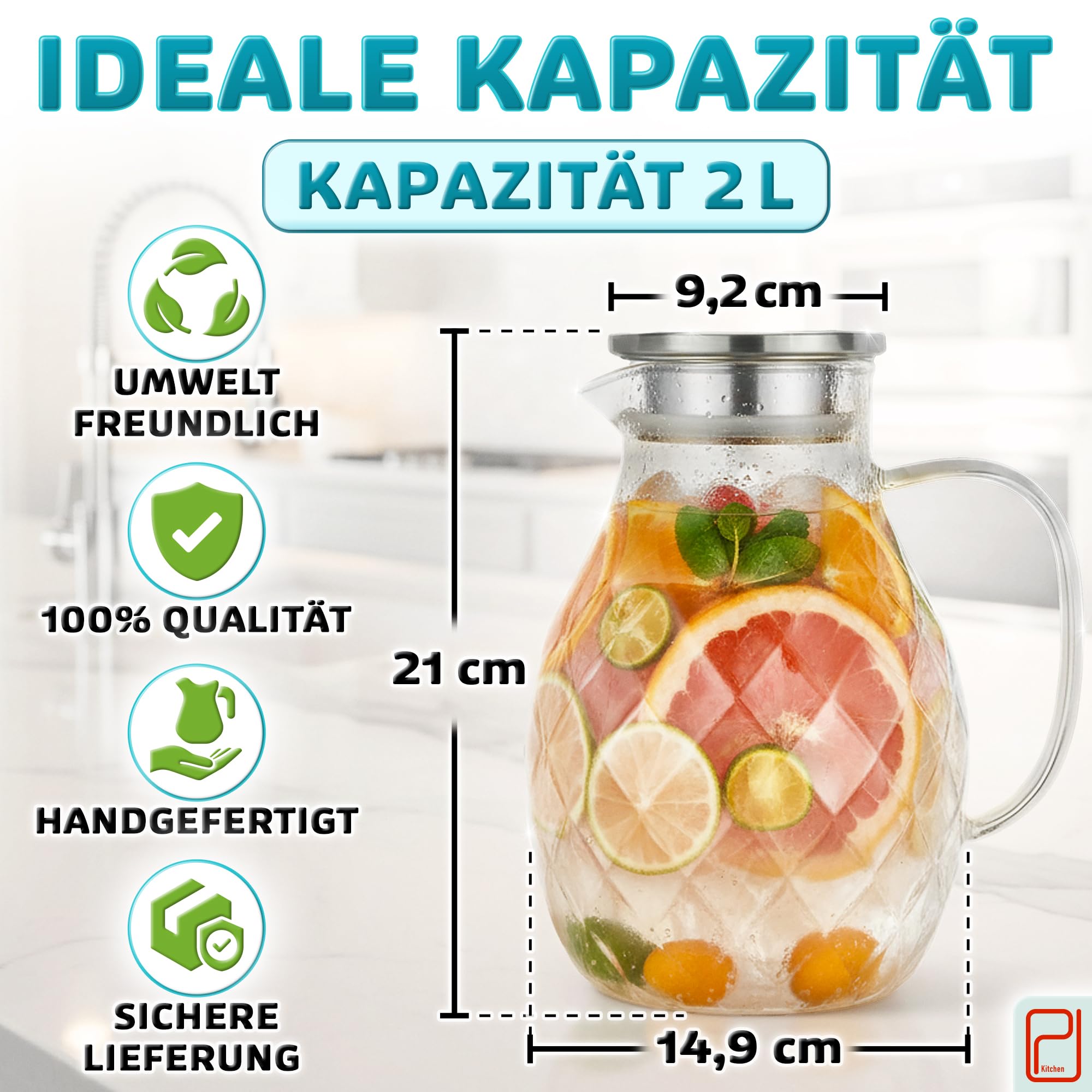 Premium Borosilikat Glaskaraffe + Deckel + Ausguss - 2 Liter - Borosilikatglas Wasserkrug mit Griff - Karaffe für Heiß- / Kaltgetränke - Eistee Glaskanne