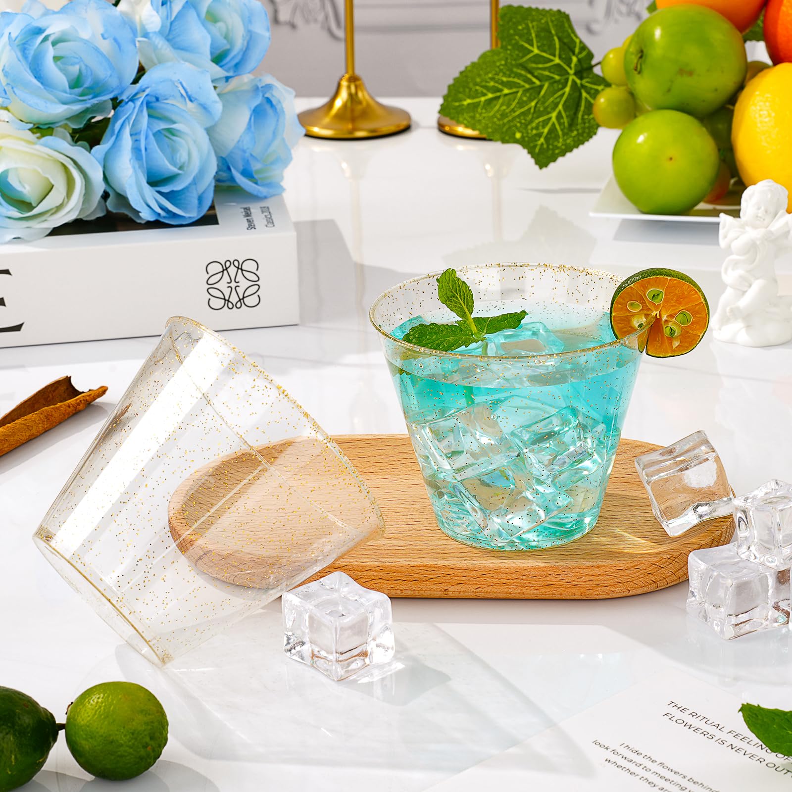 Goodluck Glitzer-Plastikbecher für Partys, goldfarbene Einwegbecher, Cocktailgläser aus Kunststoff für Hochzeit, Erntedankfest, Weihnachten und Partys, 200 Stück