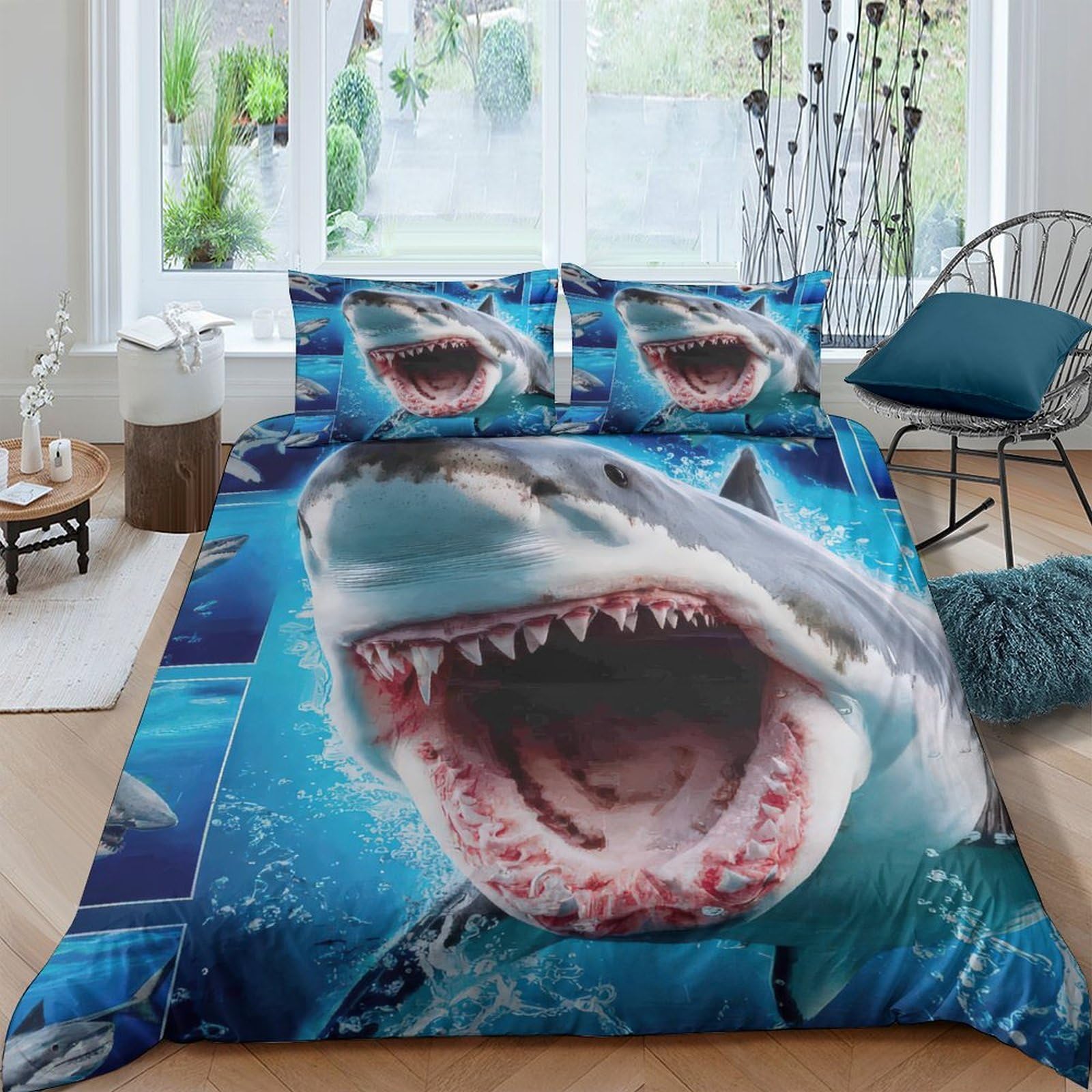 Ctjqhvkz Style-3 3D Printed Shark Ocean Fitted Sheet Microfiber Soft Breathable Underwater Predator Bed Cover For Bedroom Guest Room Decor Single（135X200cm）