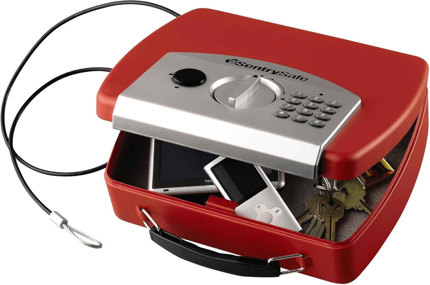 SentrySafe Red Electronic Compact Safe with Steel Tether, Travel Safe Fits in Luggage and Secures Small Valuables During Travel, 0.08 Cubic Feet, P008ERED