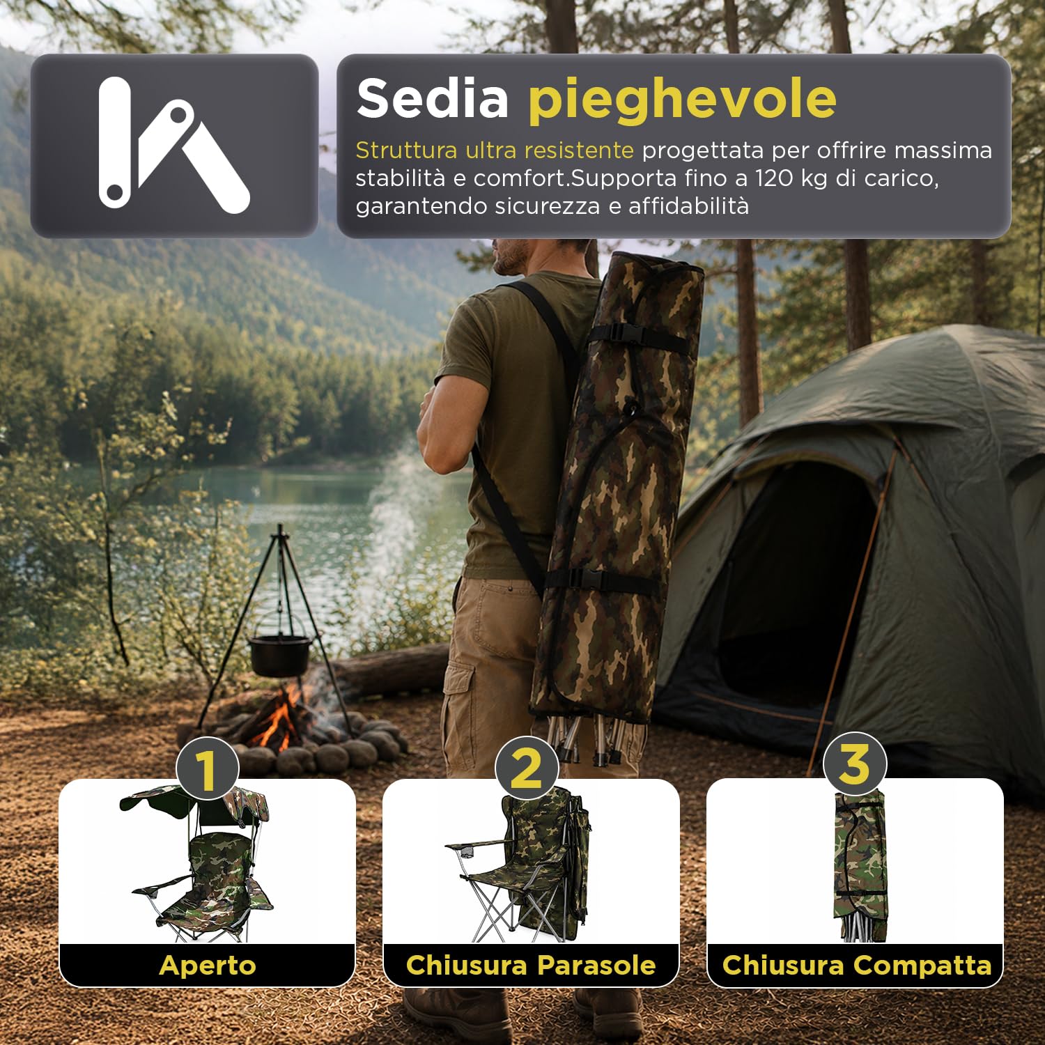 Avilia - Sedia da Campeggio Pieghevole con Tettuccio Parasole – Tessuto Oxford e Acciaio al Carbonio, 120 kg | Sedia Pieghevole Campeggio Camouflage, Aperta L53×P77×A130 cm – Chiusa L19×P19×A87 cm