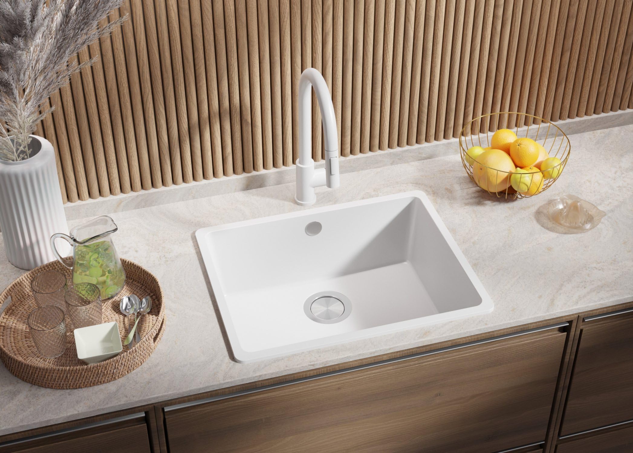 PRIMAGRAN Fregadero Granito Blanco - Venecia Easy Slim, 56x44cm | Cocina 1 Seno + Grifo 32x20cm + Set de accesorios, sobre Encimera al Mueble 60cm (S073)