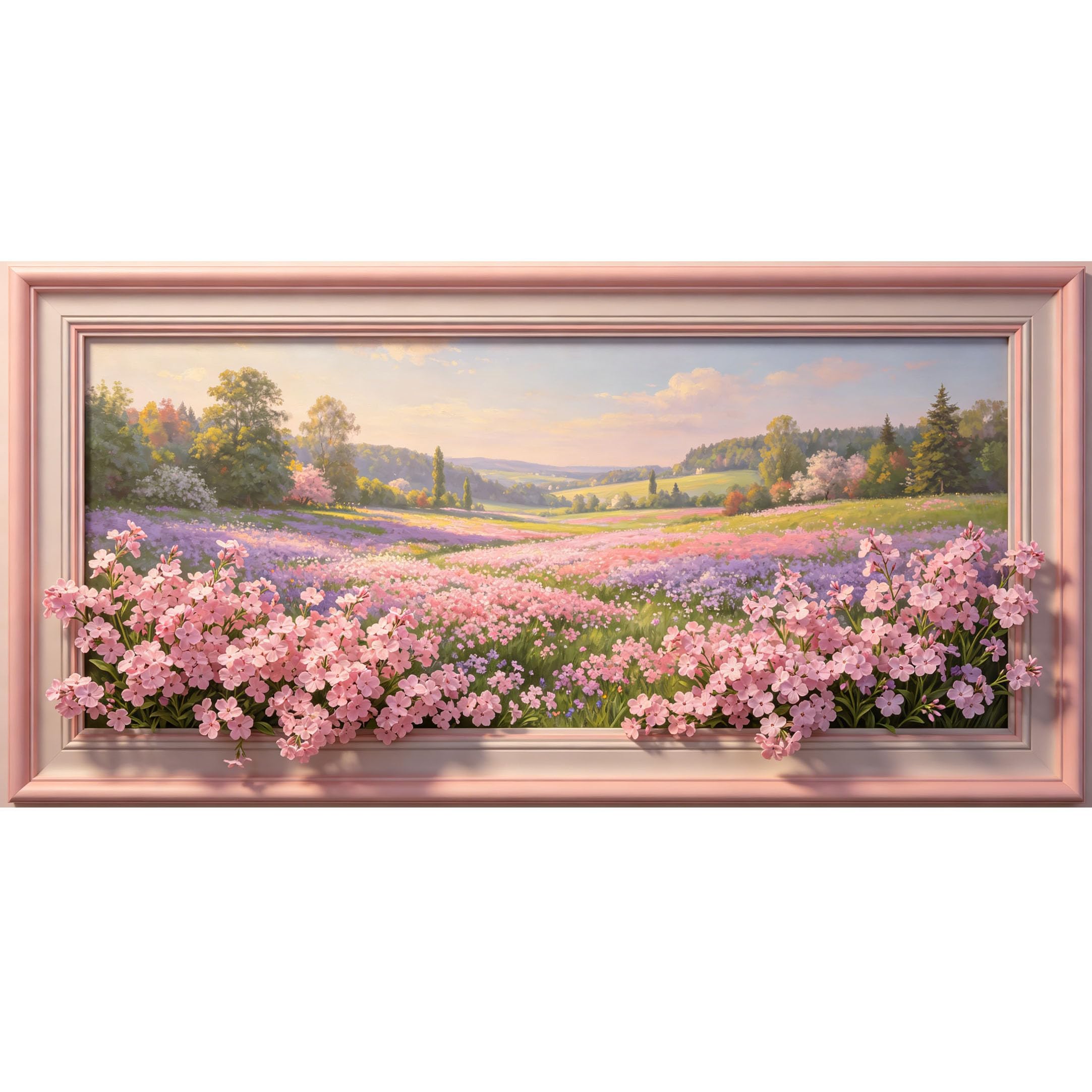 Agglomerix 3D Framed Wall Art Pink Flower Meadow Landscape Botanical Oil Painting Style Large Size Self-Adhesive Removable Wall Decor Prints Artwork for Living Room Bedroom Office