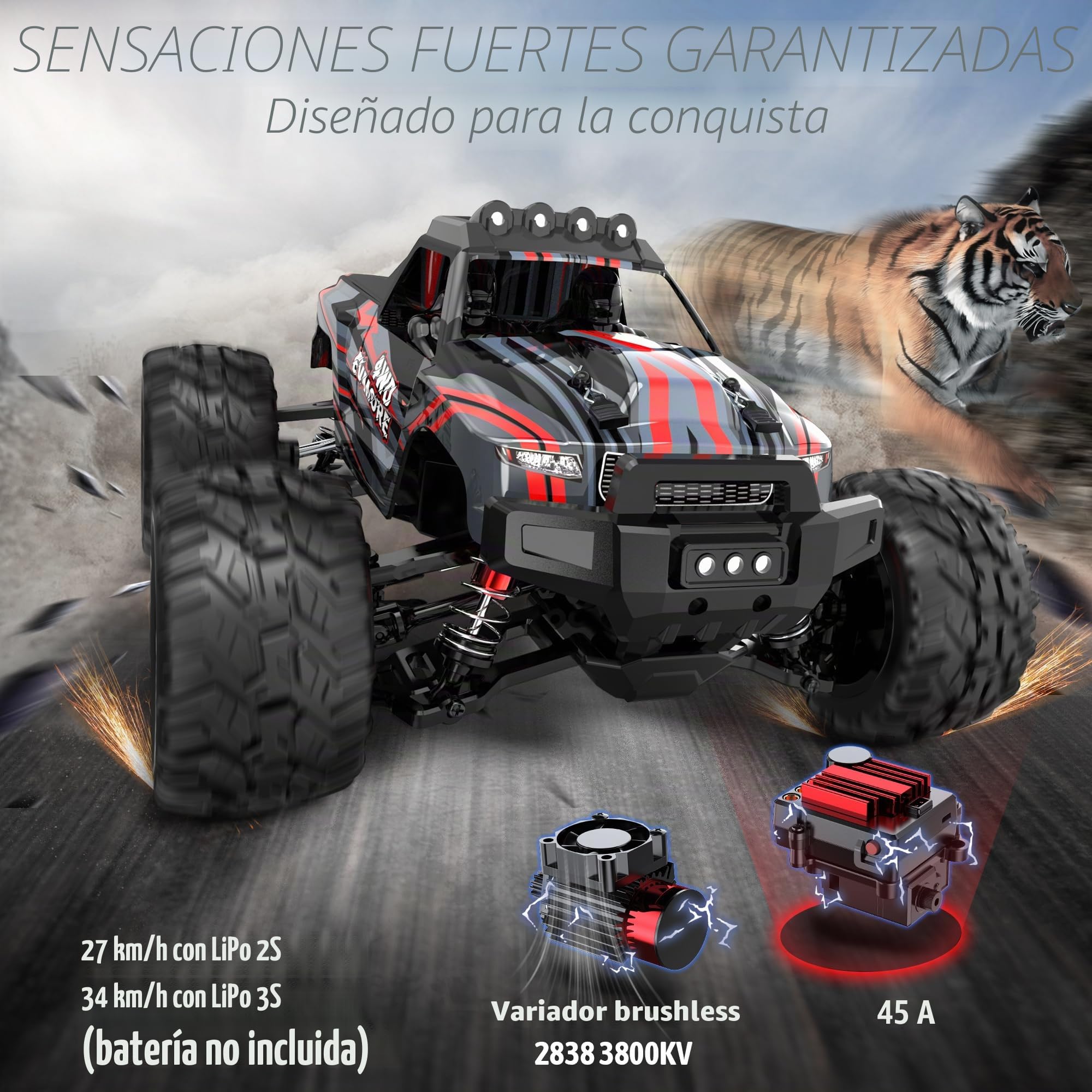 Evmore Coche Teledirigido Adulto 1:16,55 km/h 4WD Coche Radiocontrol de Alta Velocidad Sin Escobillas,Coche RC 4x4 con 2 Baterías 40min, 2.4Ghz Remote Control Car de Carreras Todoterreno teledirigido