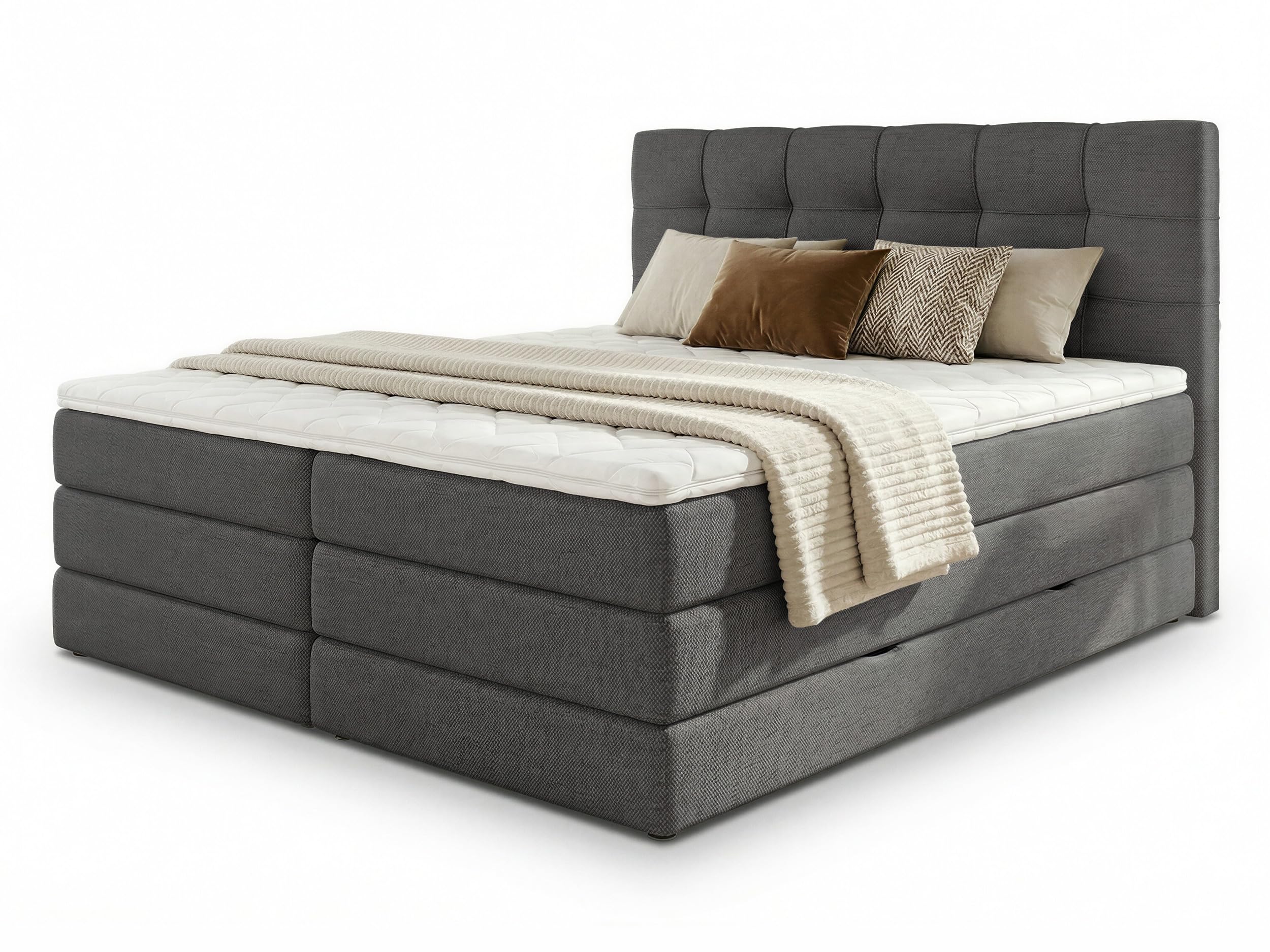 Sofnet Boxspringbett Best XL mit 2 Bettkästen und Topper, mit Taschenfederkern- und Bonellfederkernmatratze, Doppelbett, Polsterbett aus Webstoff mit Stauraum (Graphit (Inari 94), 180 x 200 cm)