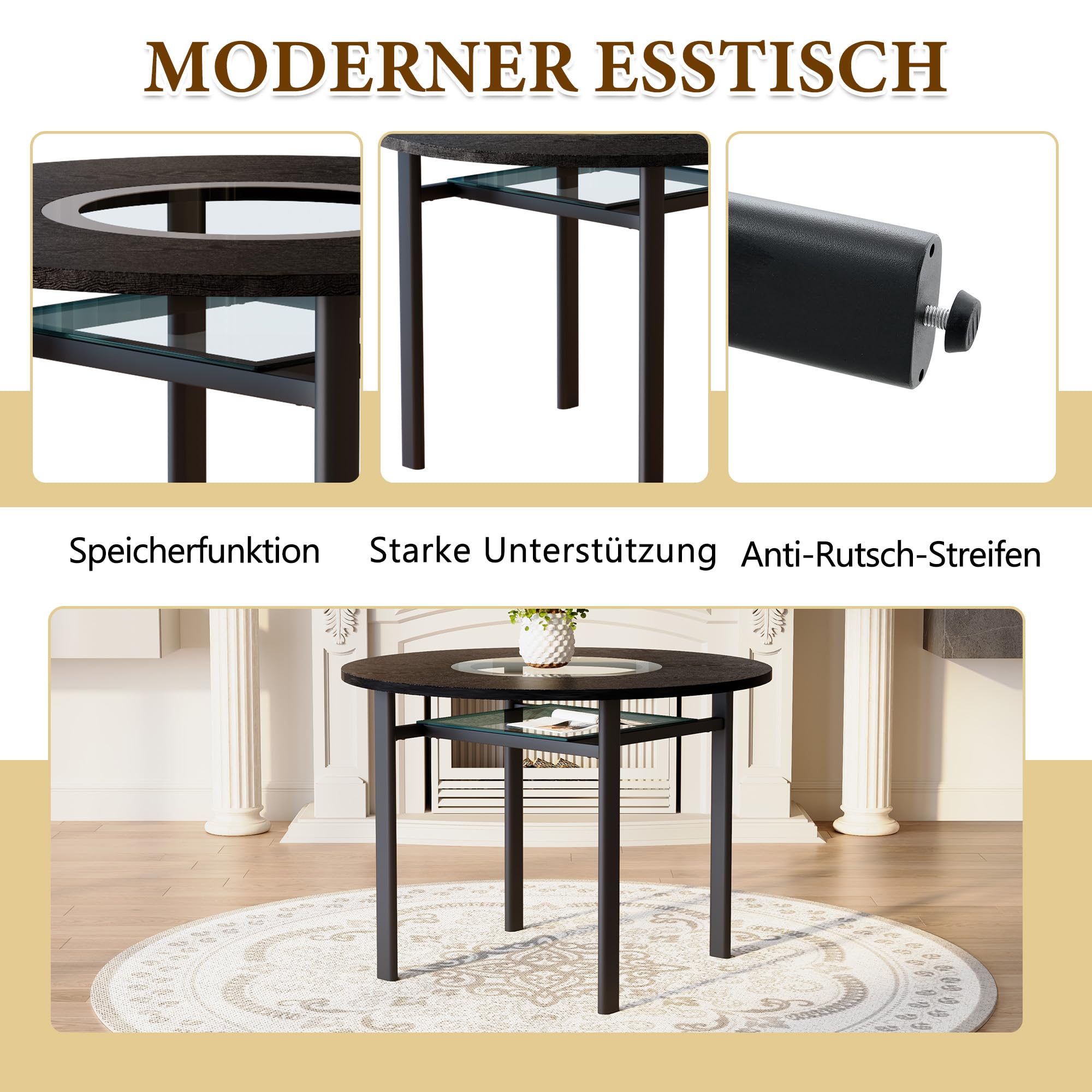 Mesa de Comedor Redonda de MDF y Cristal, Salón y Cocina, Negro, 100 cm