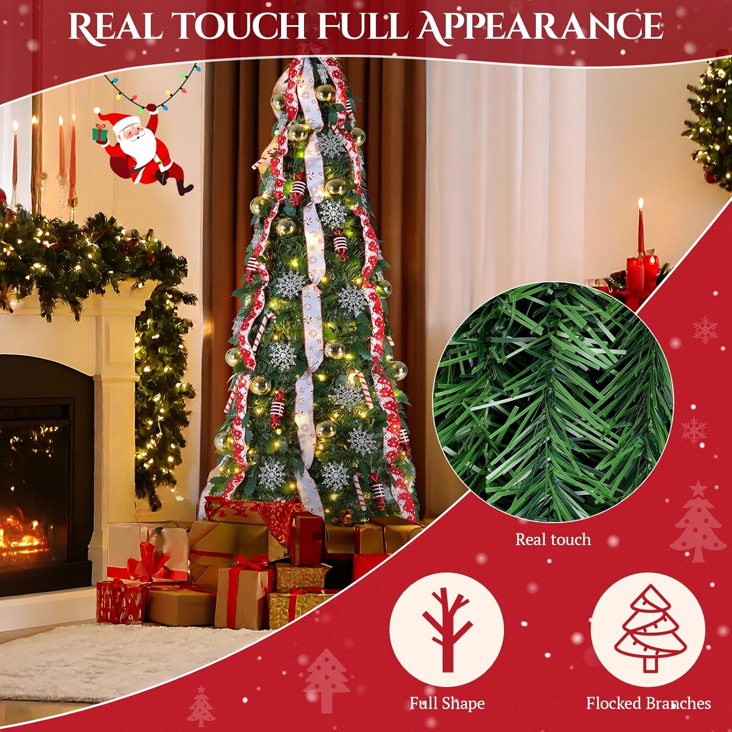 TLSUNNY 6FT Pop Up Christmas Tree, Pre Lit Decorated W/150 Warm White & Colored Lights, Collapsible Artificial Christmas Tree w/Remote, Brightness Adjustment, Timing, 11 Models, Xmas Holiday Decor