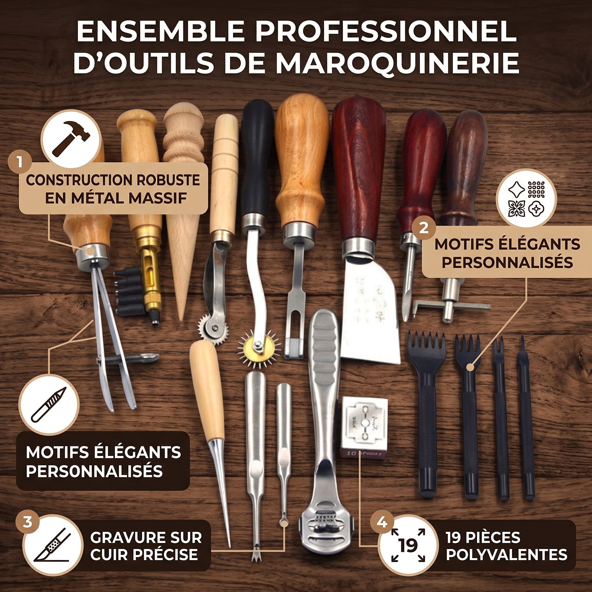HEEPDD Outil en Cuir, Outils à Main en Cuir, Outils de PoinçOnnage en Cuir pour L'artisanat du Cuir