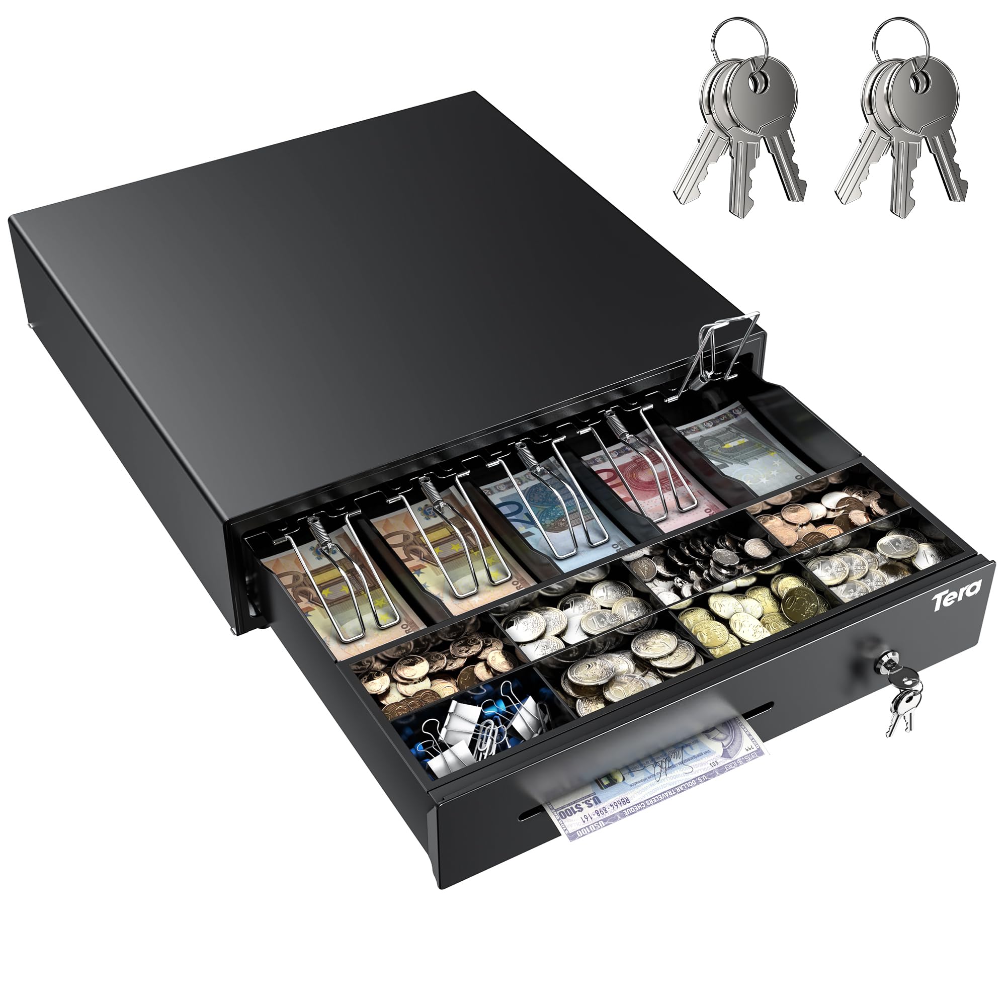 Tera Cassetta portavalori con serratura, scomparto portamonete, 41,5 × 41,5 × 11,5 cm, 5 scomparti per banconote, 8 scomparti per monete con inserto RJ12, microinterruttore, per registratore di cassa