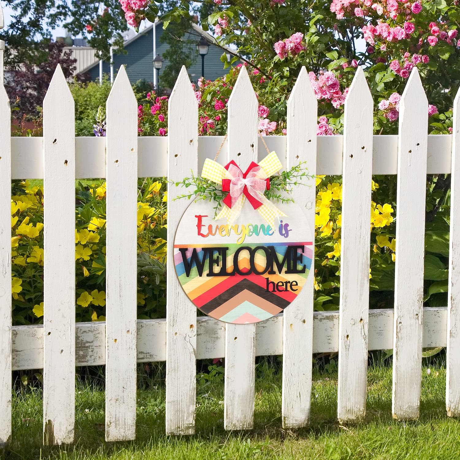 LHIUEM 3D Everyone Is Welcome Here Sign,Rainbow Wreath Sign,Classroom Welcome Door Sign,LGBT Pride Diversity Decorations,Rainbow Decor For Classroom,Counselor Office,Home