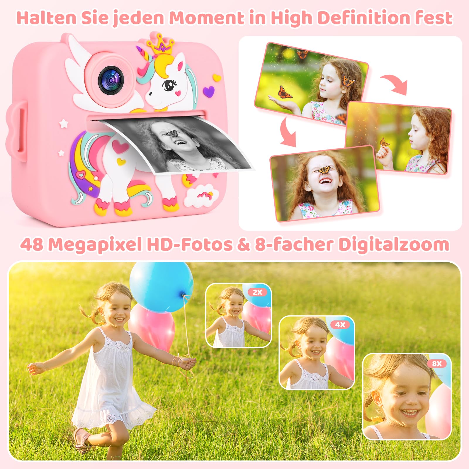 GuKKK 1080p aparat dziecięcy, aparat cyfrowy z ekranem 2,4", dla dzieci, z kartą 32 GB, 13 rolek papieru do drukowania, 5 kolorowych długopisów, prezent (różowy)