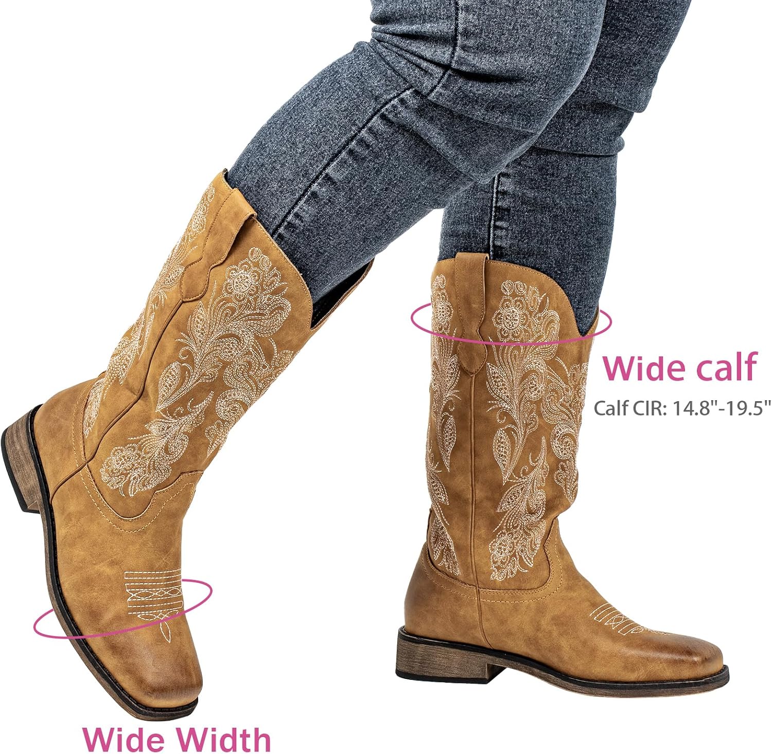 SheSole Wide Calf Cowboy Boots Women - Bold Cowgirl Western Square Toe, Hidden Stretch Panel & Cushioned Insole for Confident Fit - Image 3