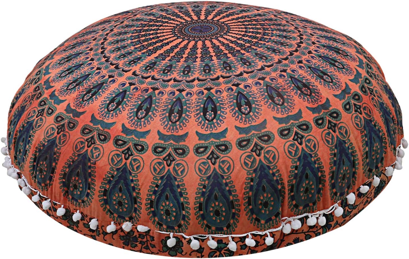 Mandala Floor Pillow Cushion Seating Throw Cover Hippie Decorative Bohemian Ottoman Poufs, Pom Pom Pillow Cases,Boho Indian (32 Inches, Orange Dye)