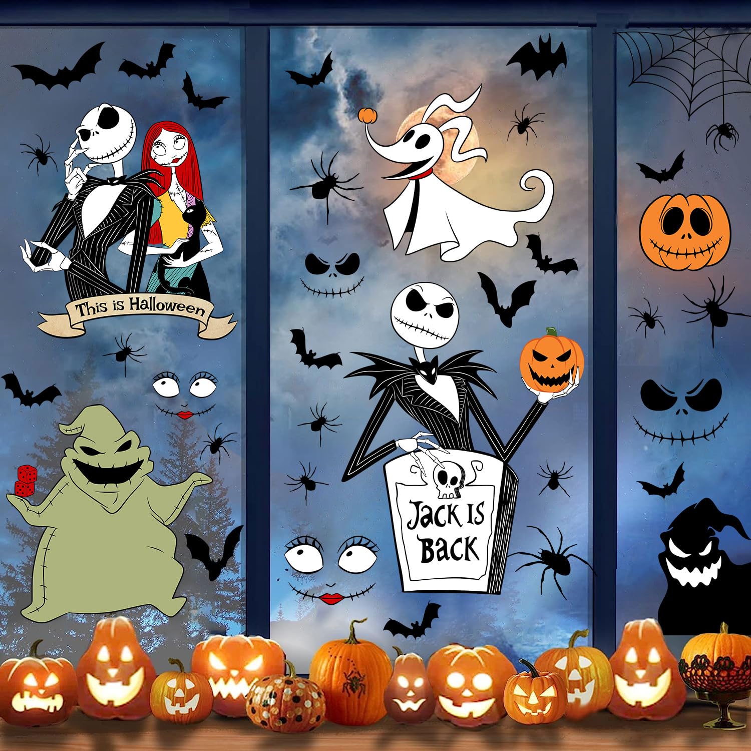 Halloween Window Clings - Scary Silhouette Spooky Colorful Stickers for Glass Walls - Home Decorations Indoor Halloween Haunted House Party Supplies - Large Size 5 Sheets