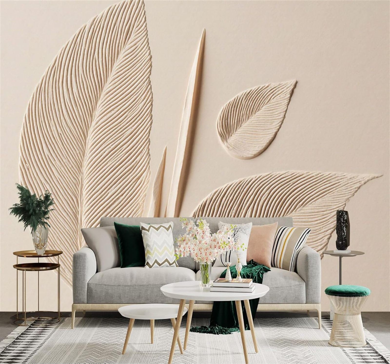 Xlming 350Cm×256Cm(B×H) Minimalist Relief Leaf Pattern Beige Texture Art 3D Wallpaper Silky Texture Home Study Office Grey Dining Room Sofa Bedroom Living Room Tv Backdrop-350Cm×256Cm