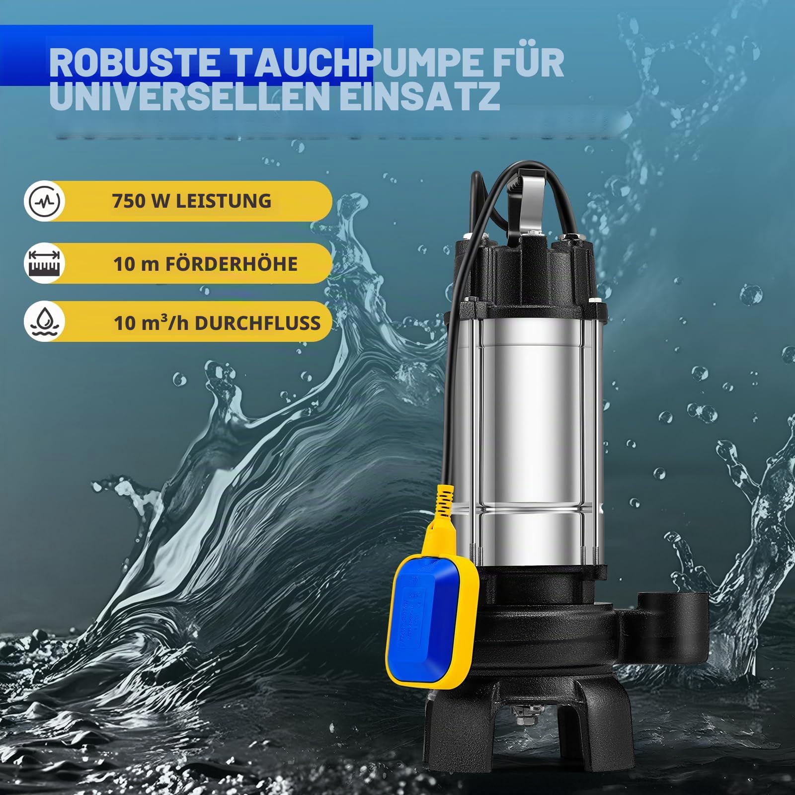 Moongiantgo Schmutzwassertauchpumpe 750W, 10m³/h Förderleistung, 10m Förderhöhe, 40mm Auslass, mit Schneidklinge & Schwimmerschalter, Edelstahl für Faserhaltiges Abwasser, Gärten, Kellereien (750W)