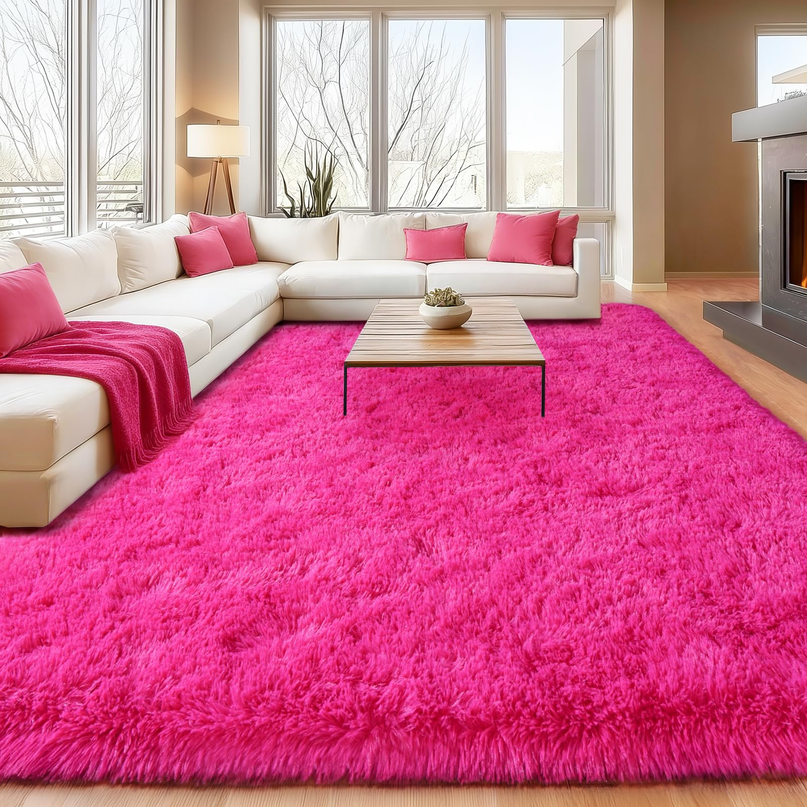 Soft Shaggy for Bedrooms, Hot Pink Area Rug, Fluffy Rugs for Living Room, Cozy Fuzzy Carpet for Kids, Perfect Indoor Decor for Boys and Girls 4x6 Feet