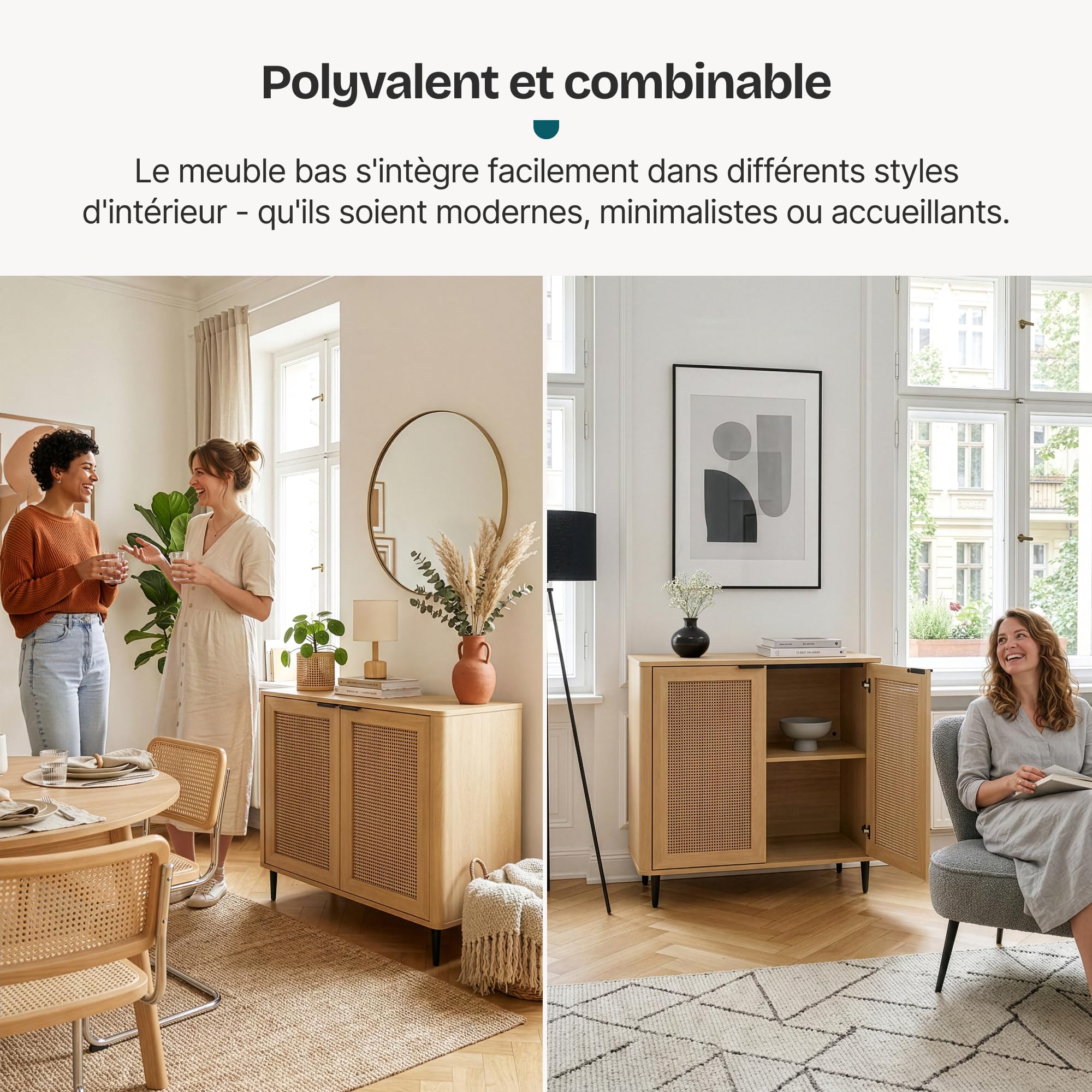 [en.casa] Buffet Design Intemporel avec 2 Portes 2 Compartiments Vaisselier Meuble de Rangement pour Salon Salle à Manger MDF Tressage Synthétique 83 x 80 x 40 cm Effet Chêne Aspect Rotin Noir